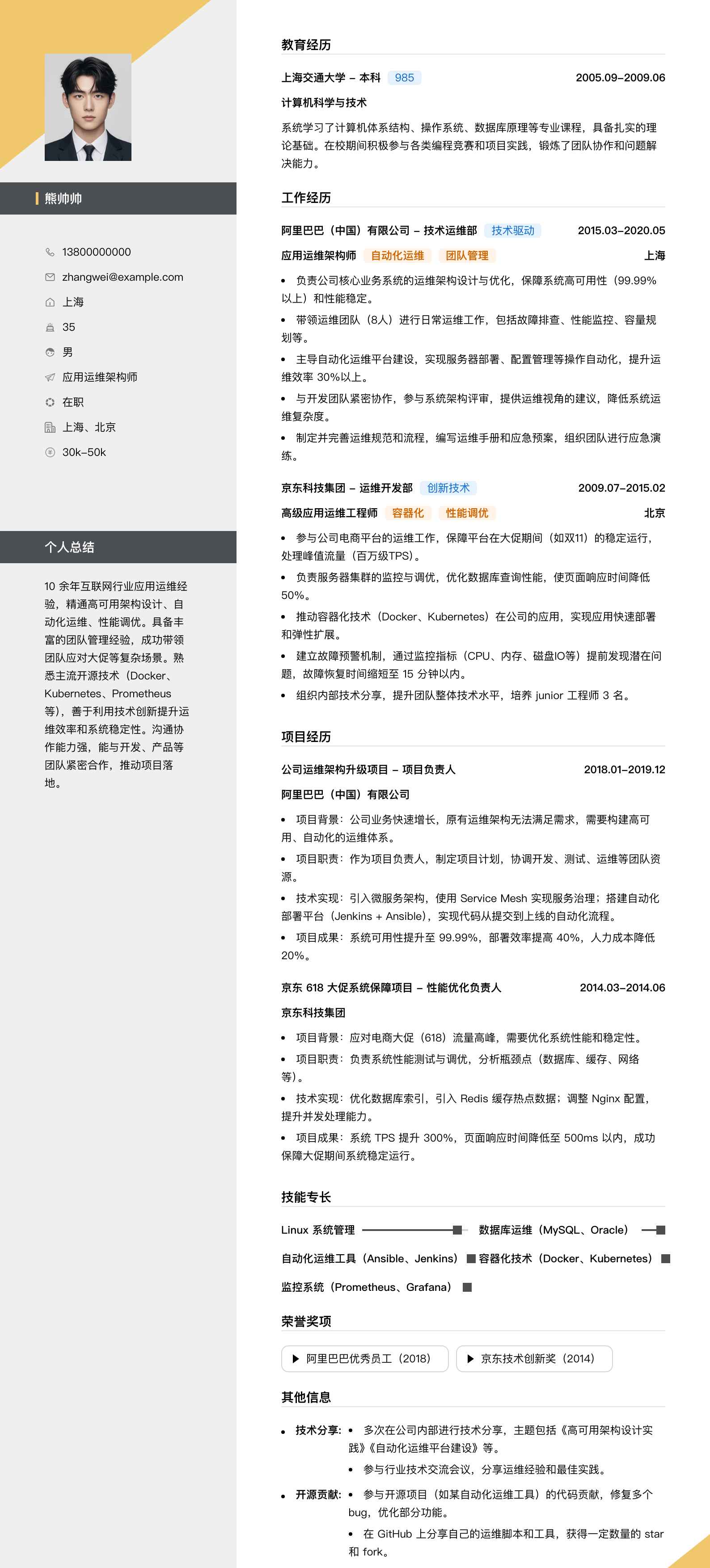 应用运维架构师简历模板