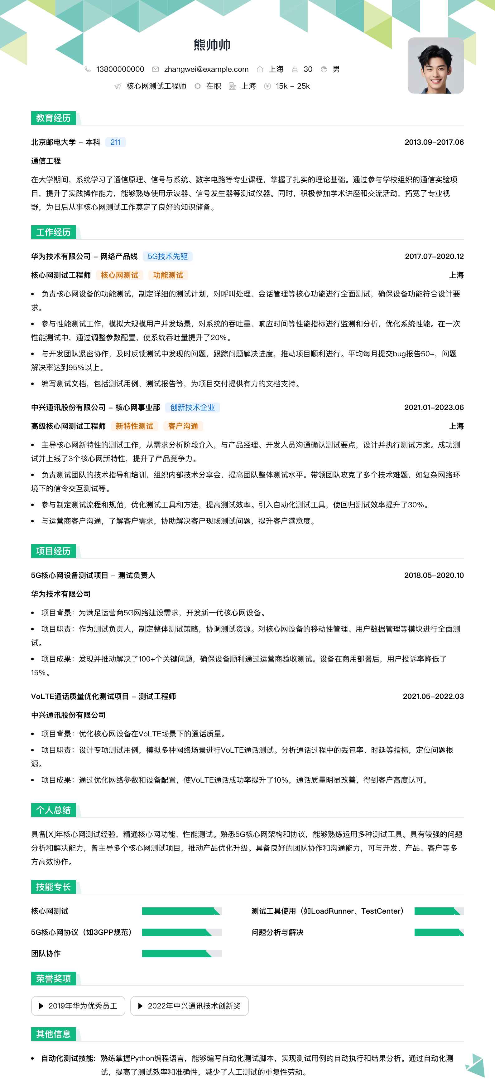 核心网测试工程师简历模板