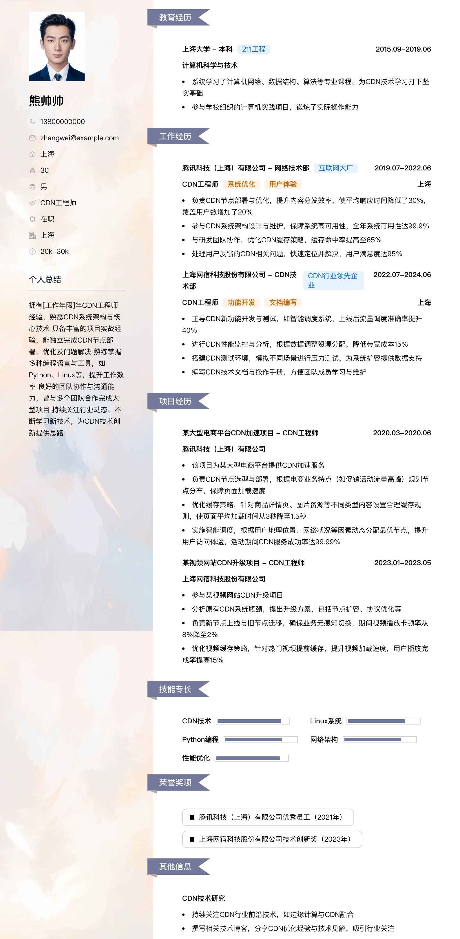 cdn工程师简历模板