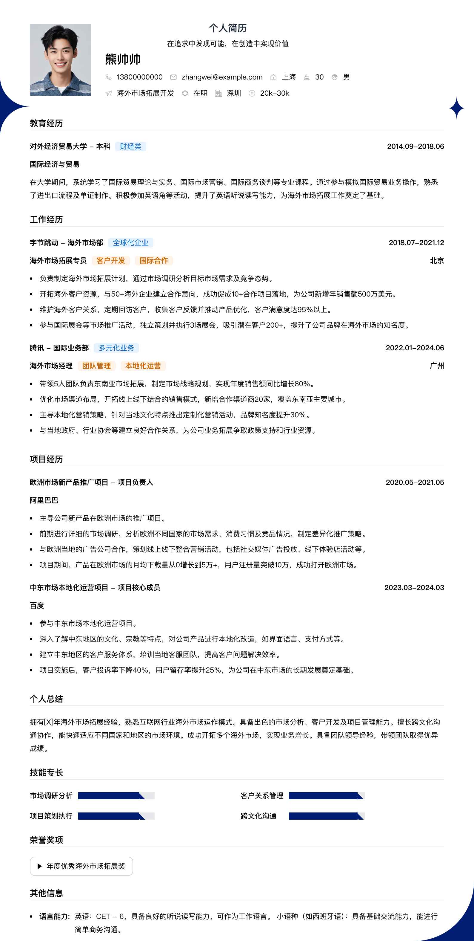 海外市场拓展简历模板