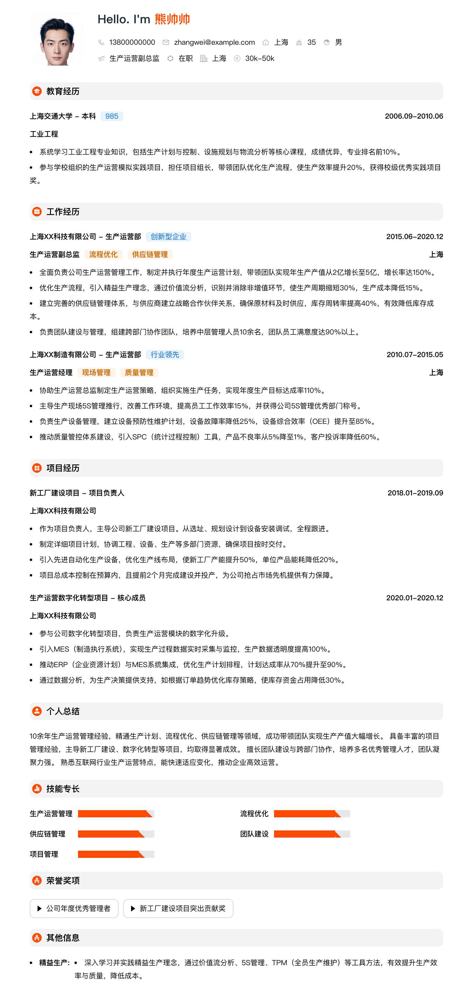 生产运营副总监简历模板