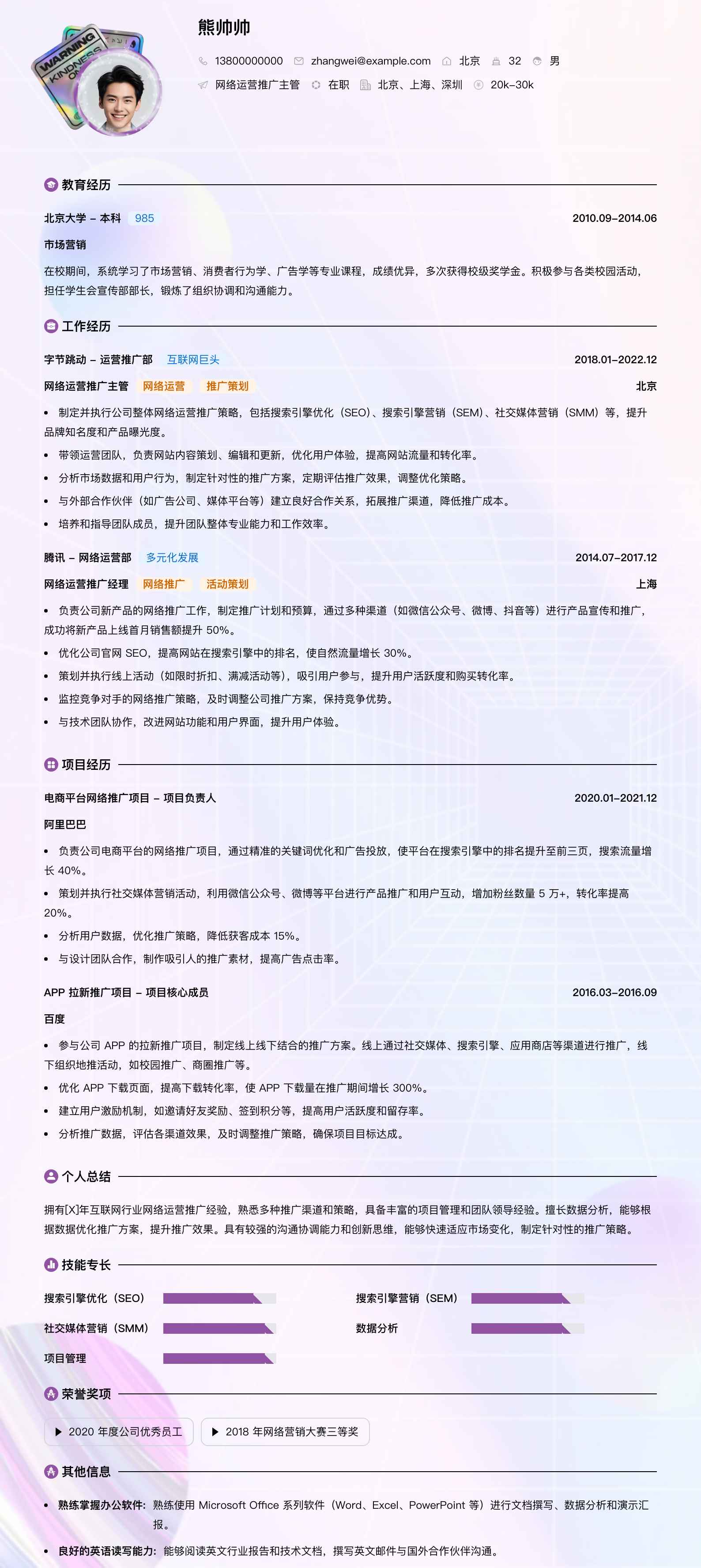 网络运营推广主管简历模板