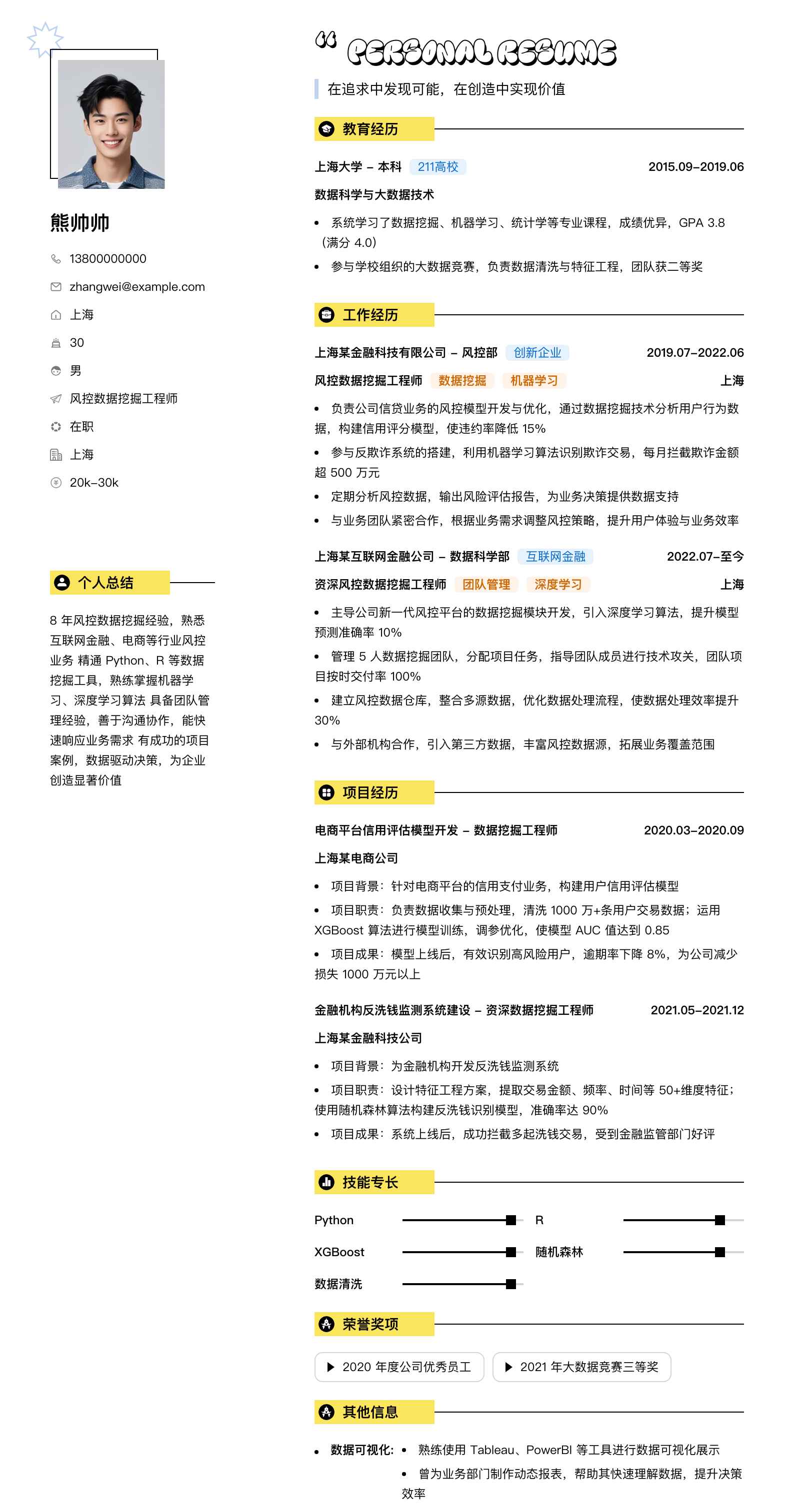 风控数据挖掘工程师简历模板
