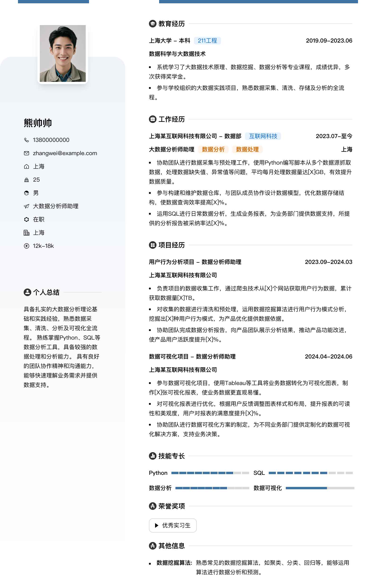 大数据分析师助理简历模板
