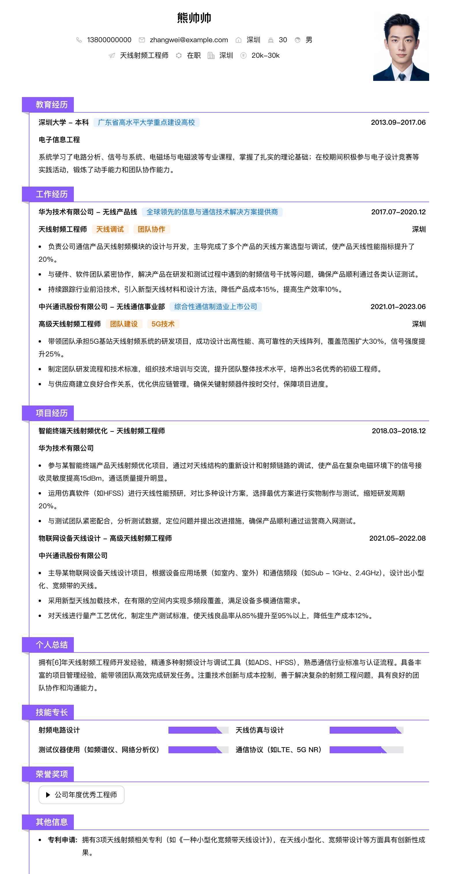 天线射频工程师简历模板
