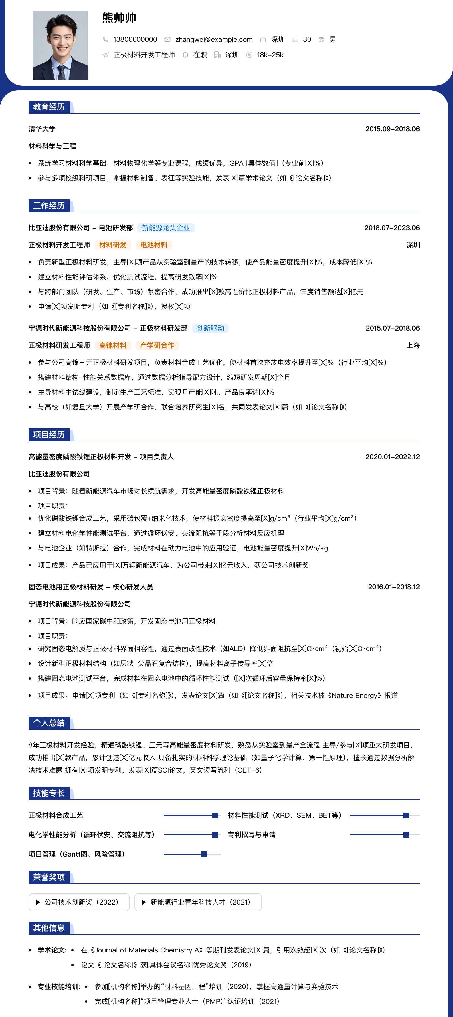 正极材料开发工程师简历模板