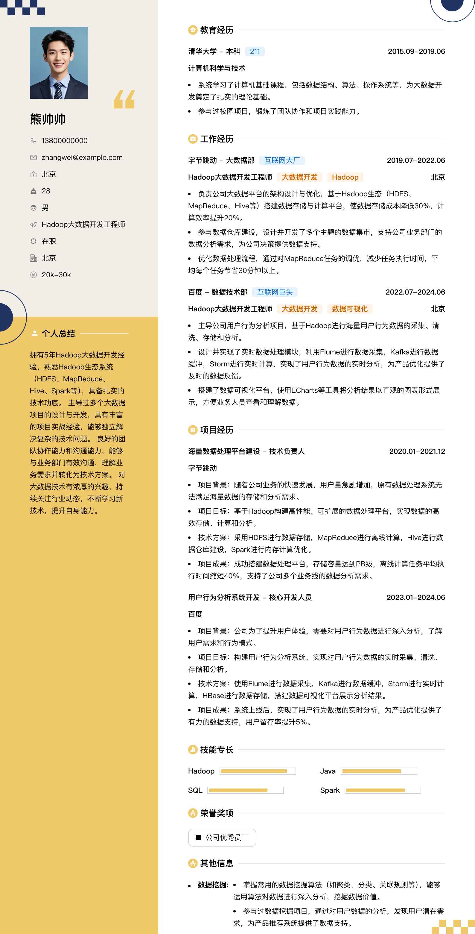 hadoop大数据开发简历模板