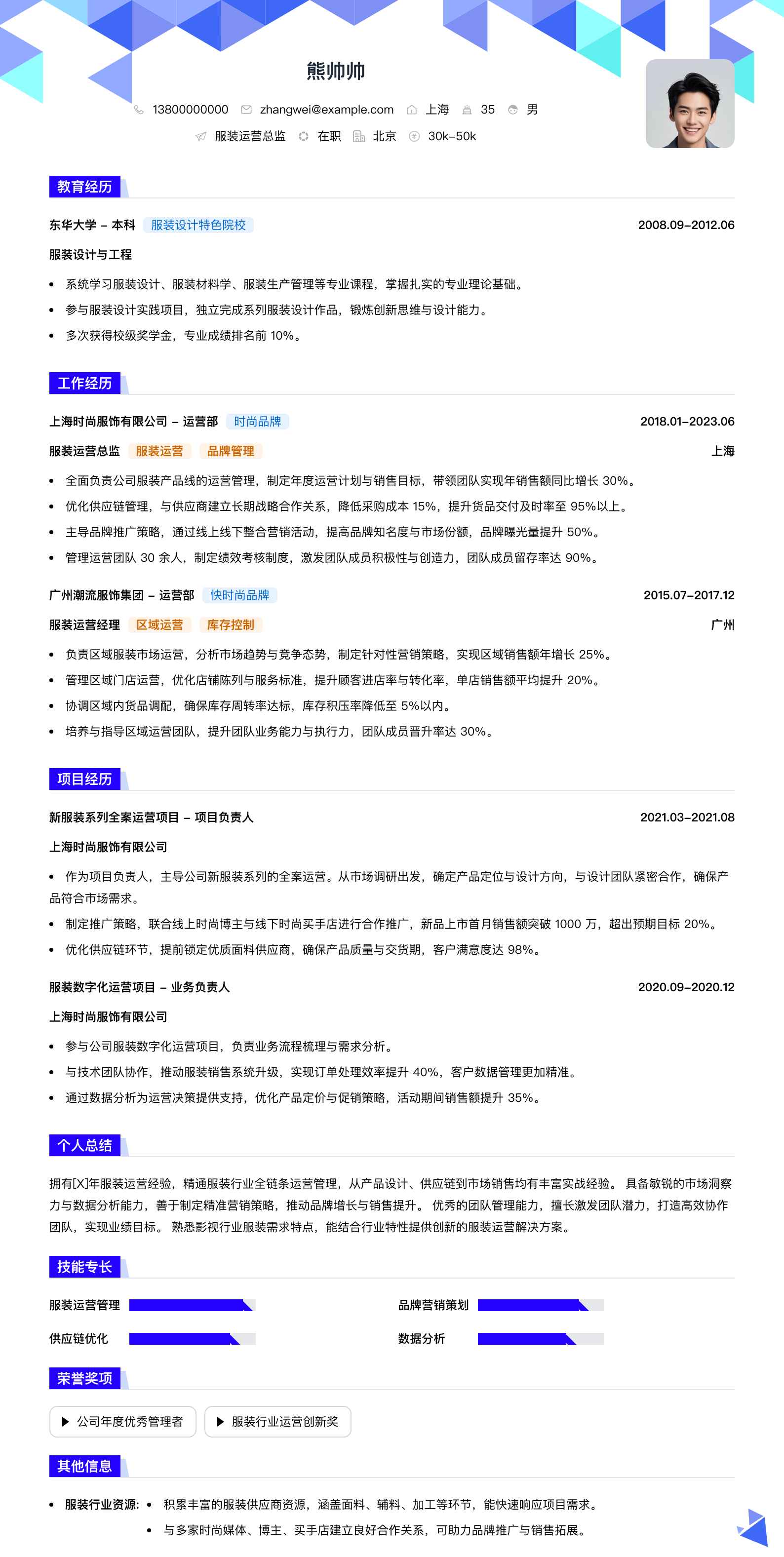服装运营总监简历模板
