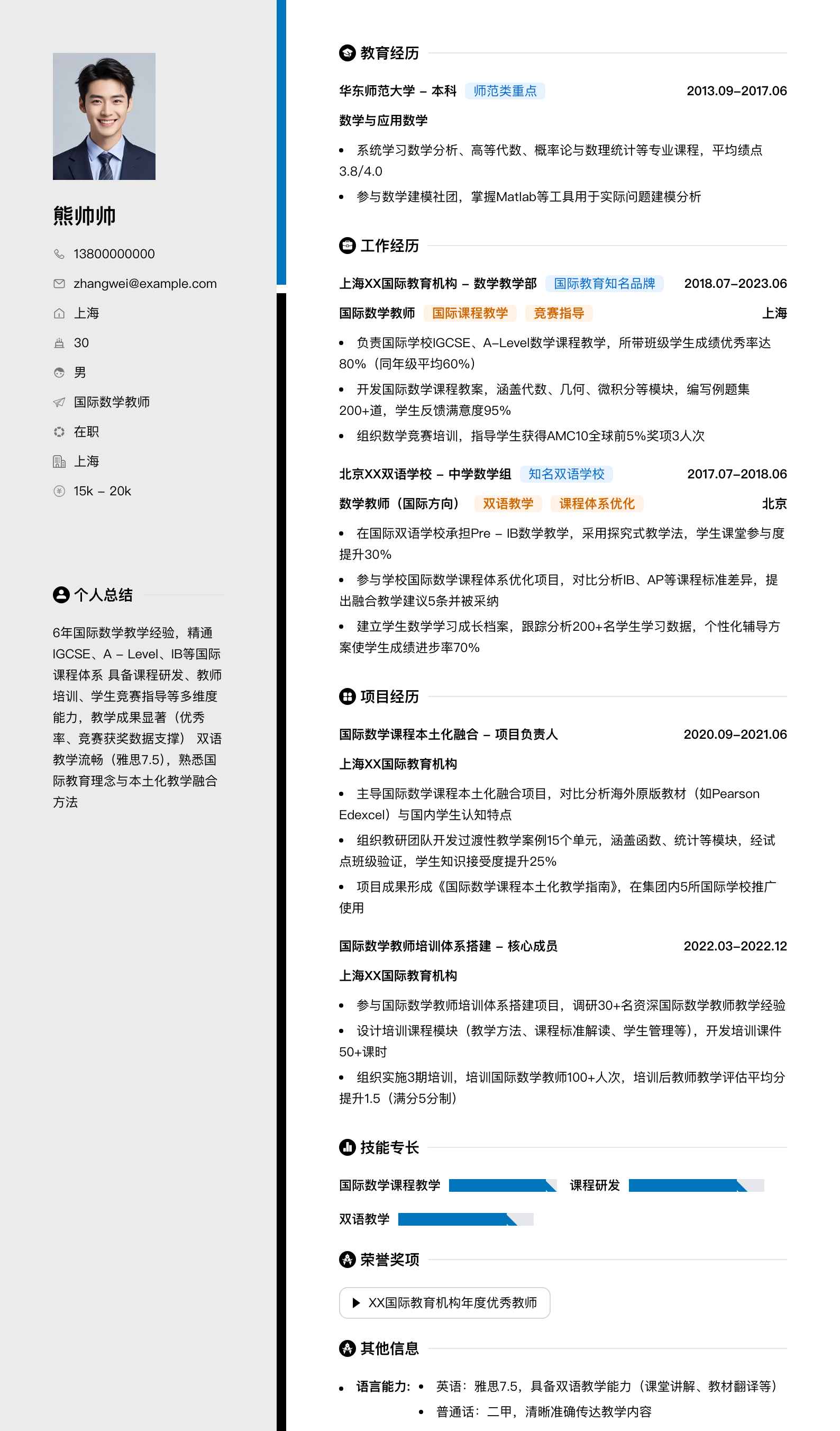 国际数学教师简历模板