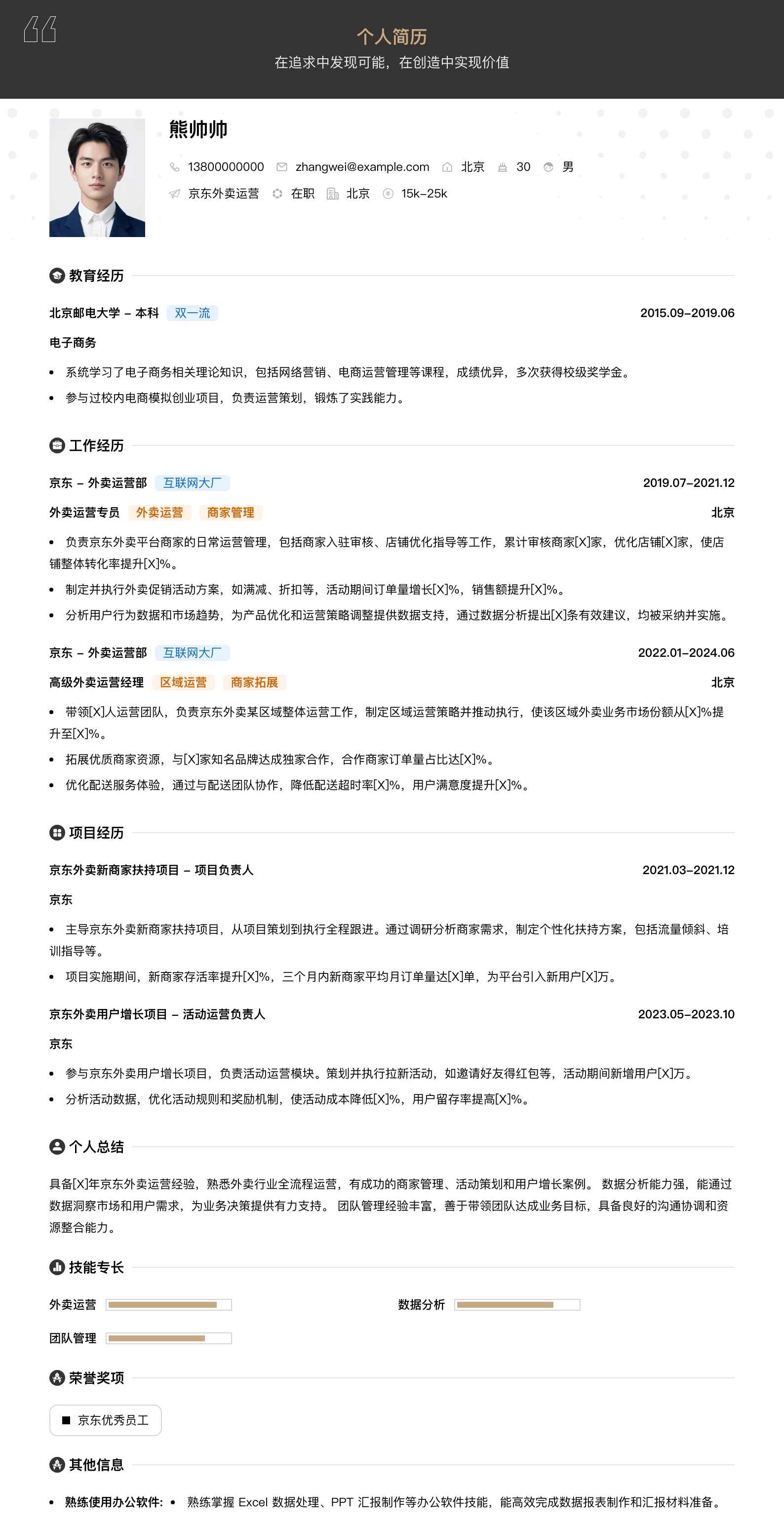 京东外卖运营简历模板