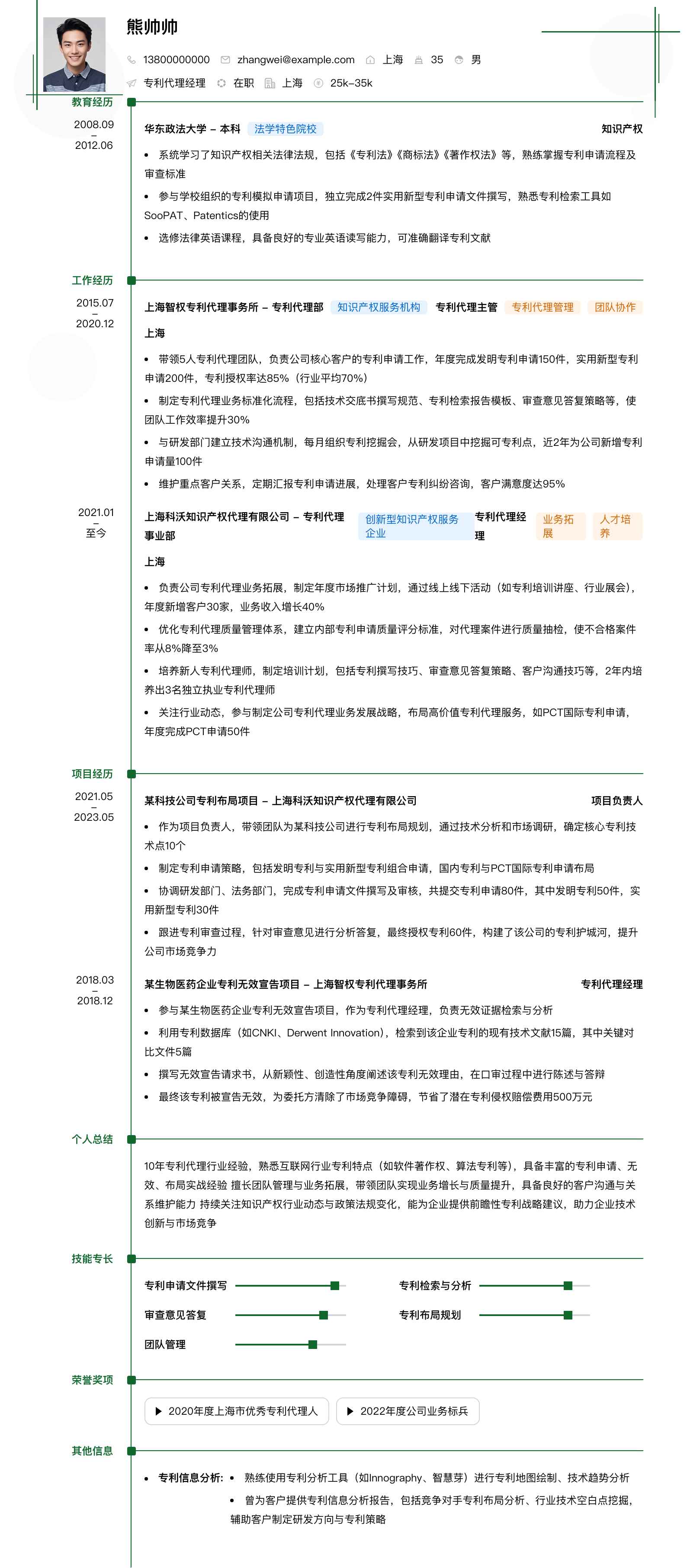 专利代理经理简历模板
