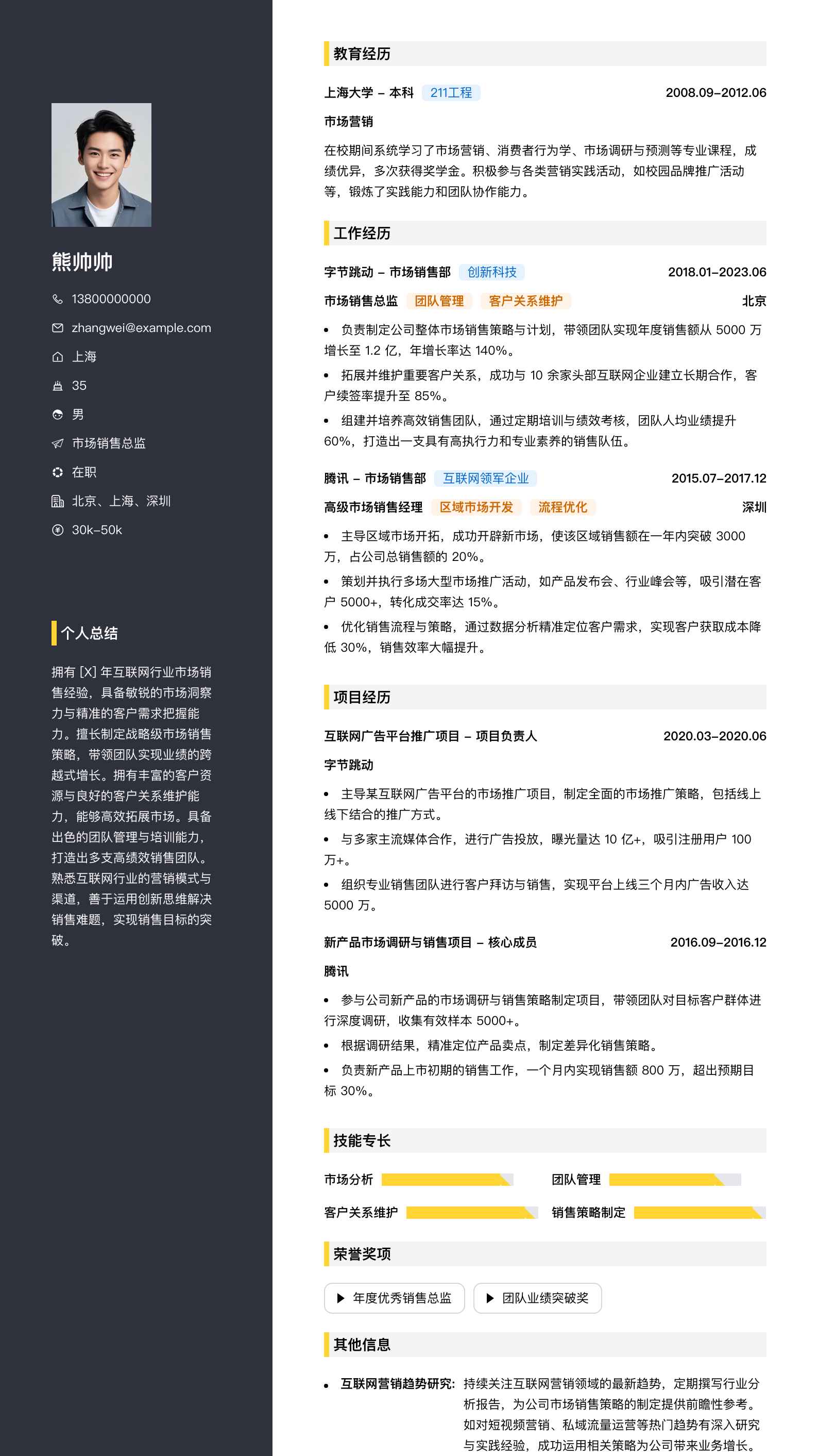市场销售总监简历模板