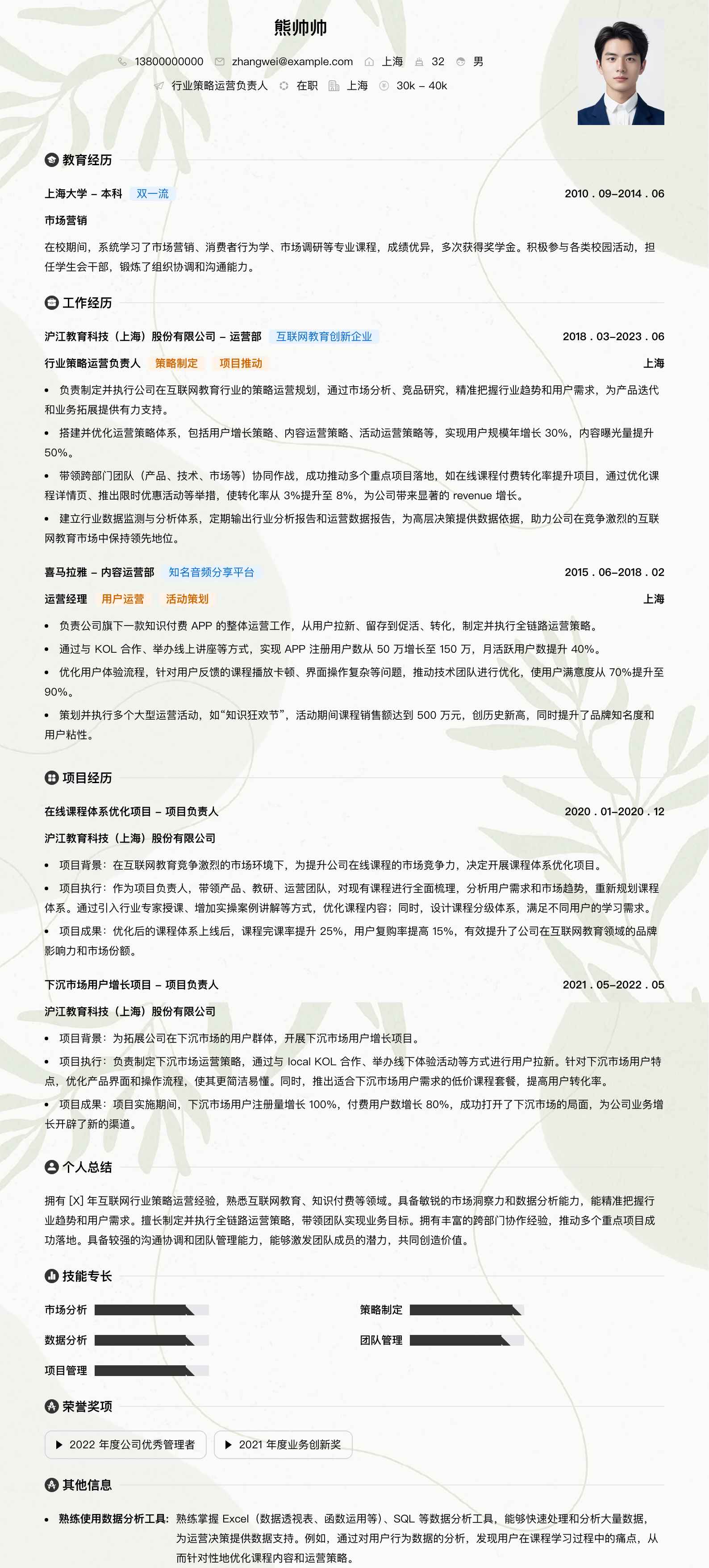 行业策略运营负责人简历模板