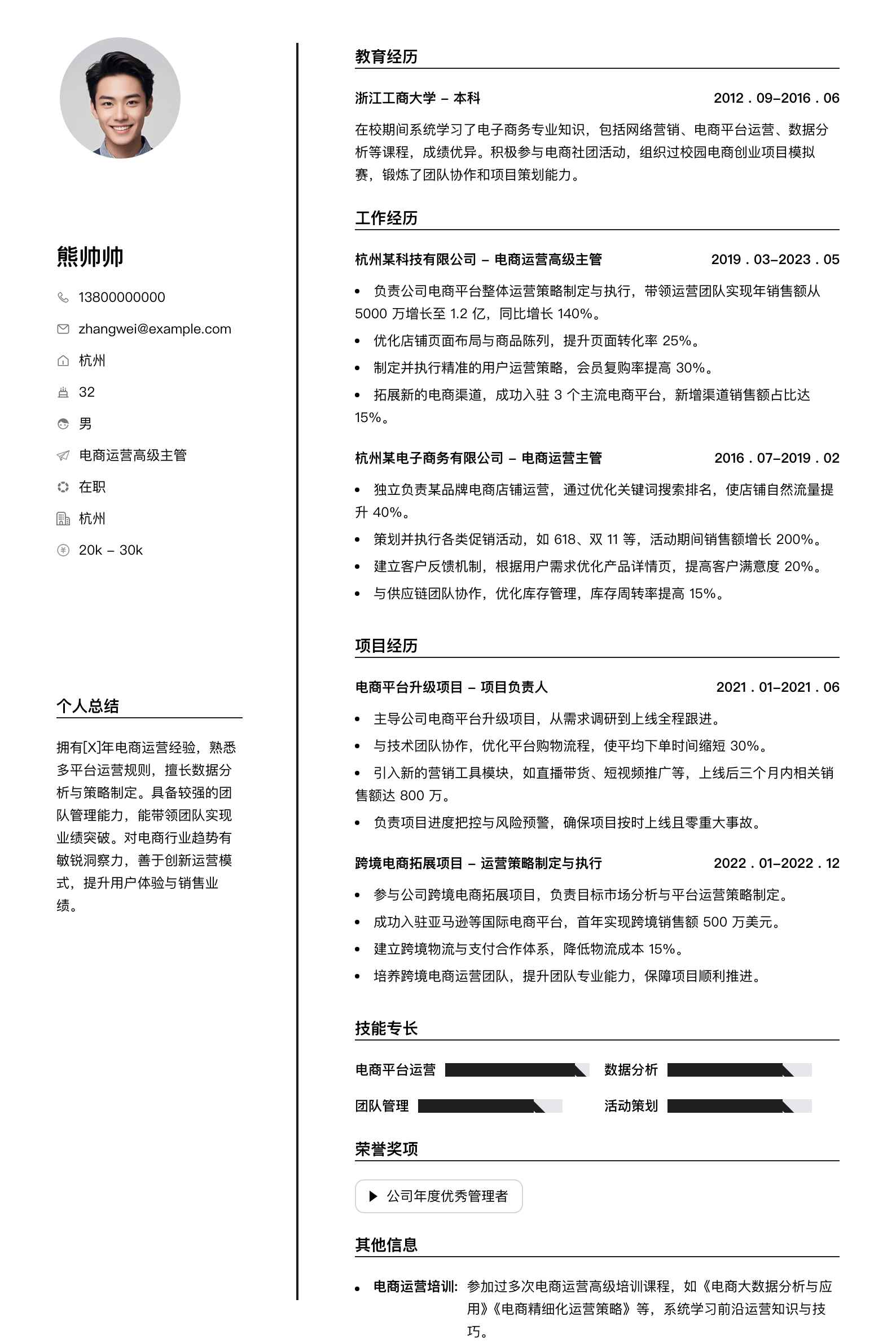 电商运营高级主管简历模板