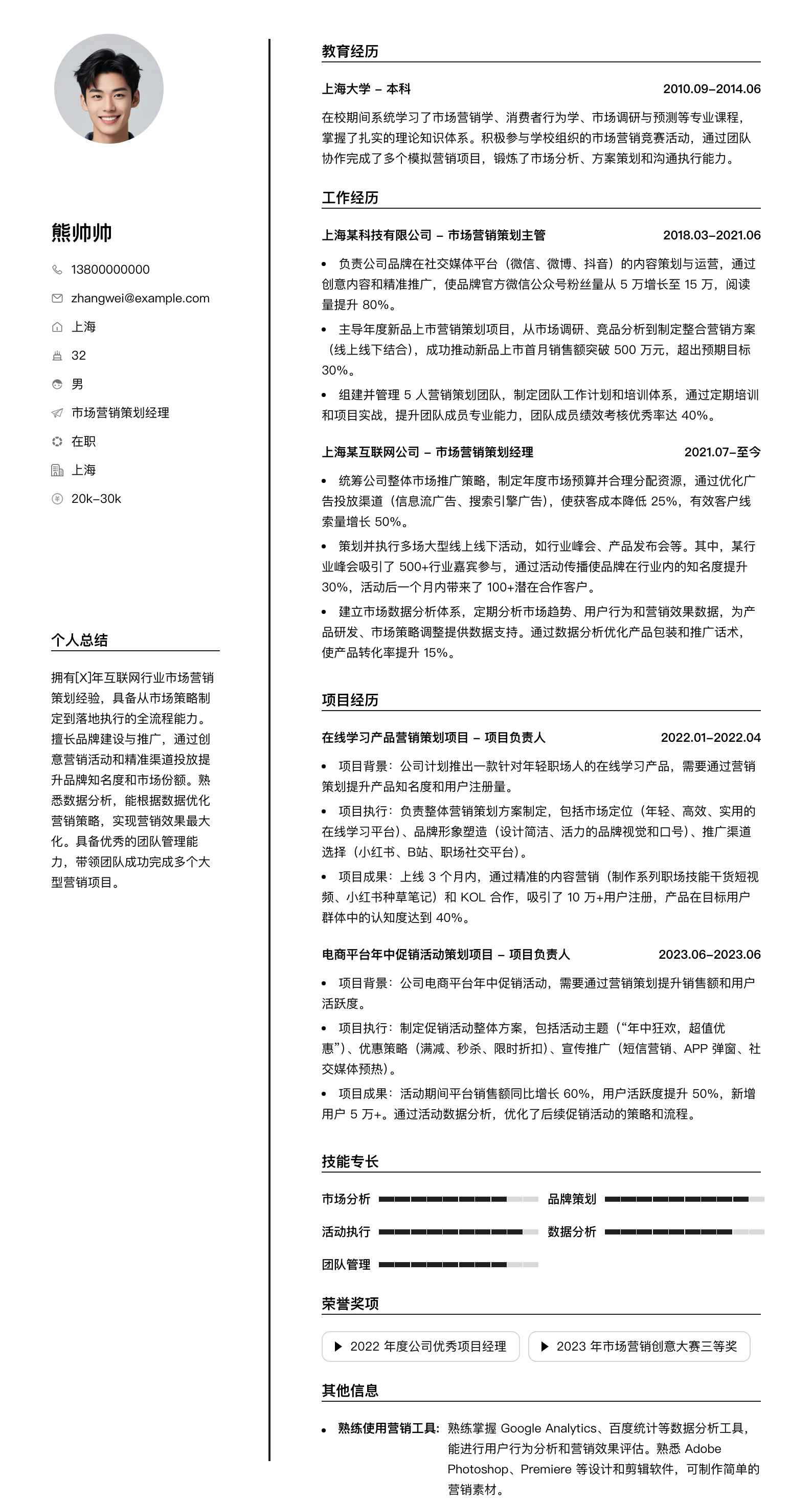 市场营销策划经理简历模板