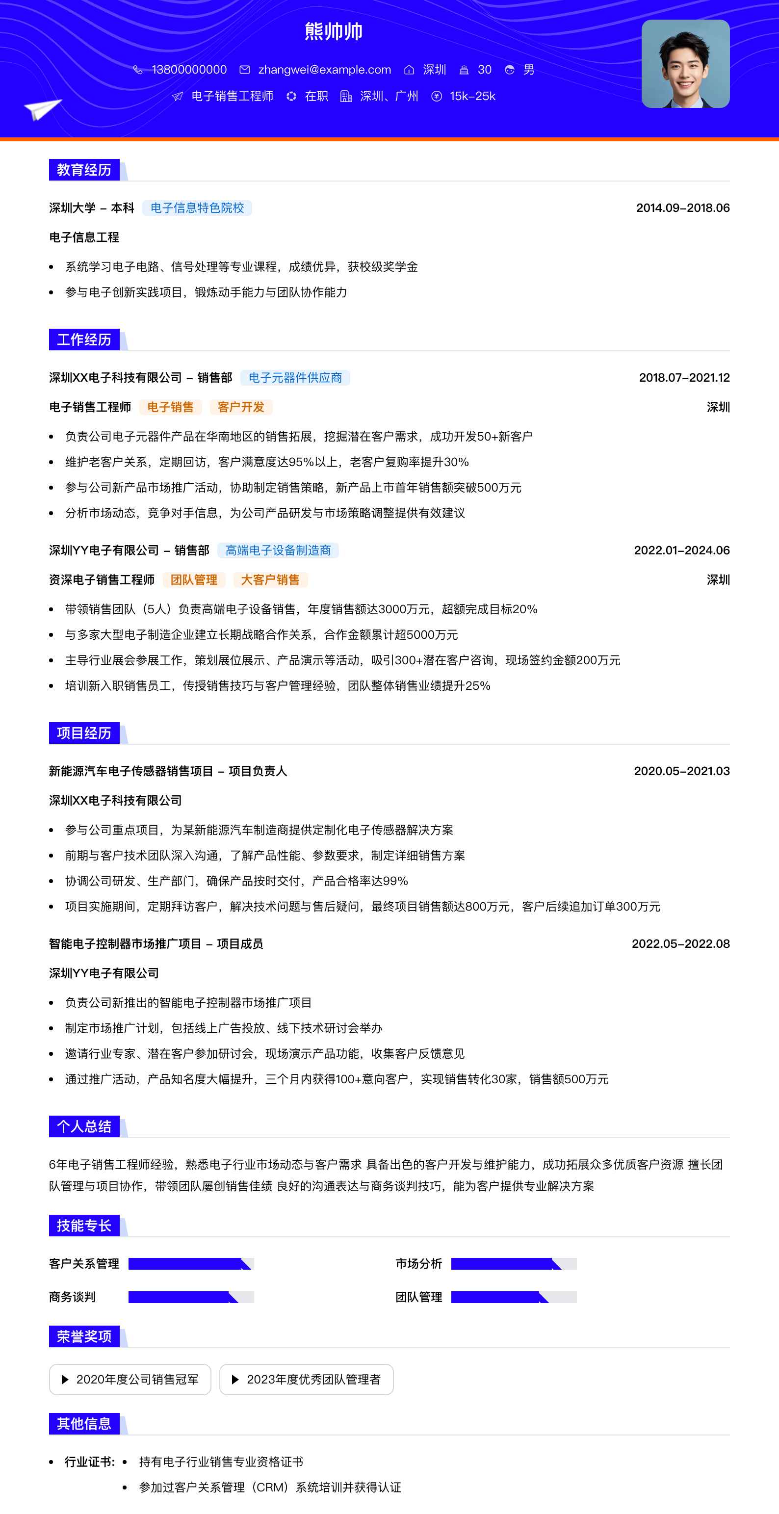 电子销售工程师简历模板