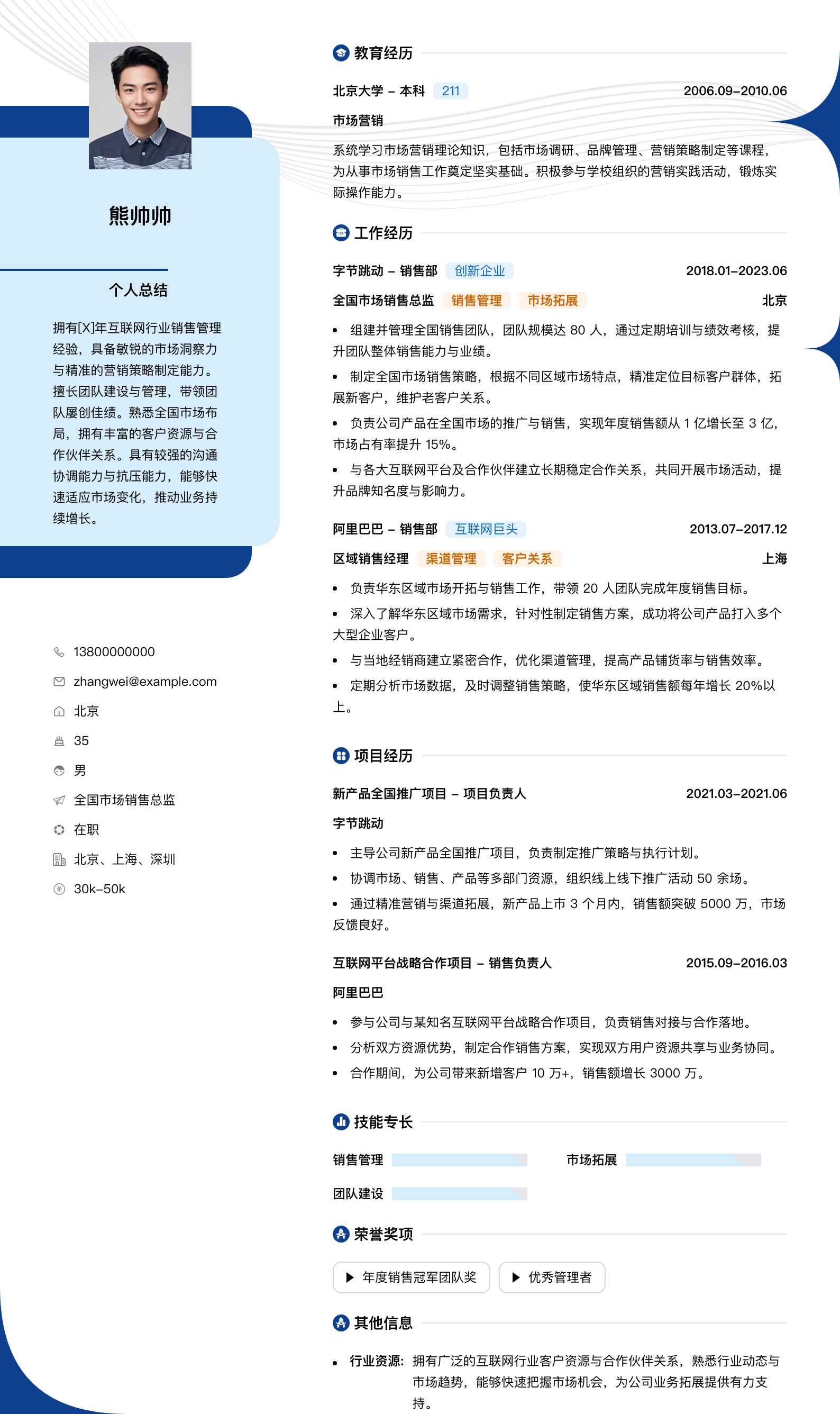 全国市场销售总监简历模板