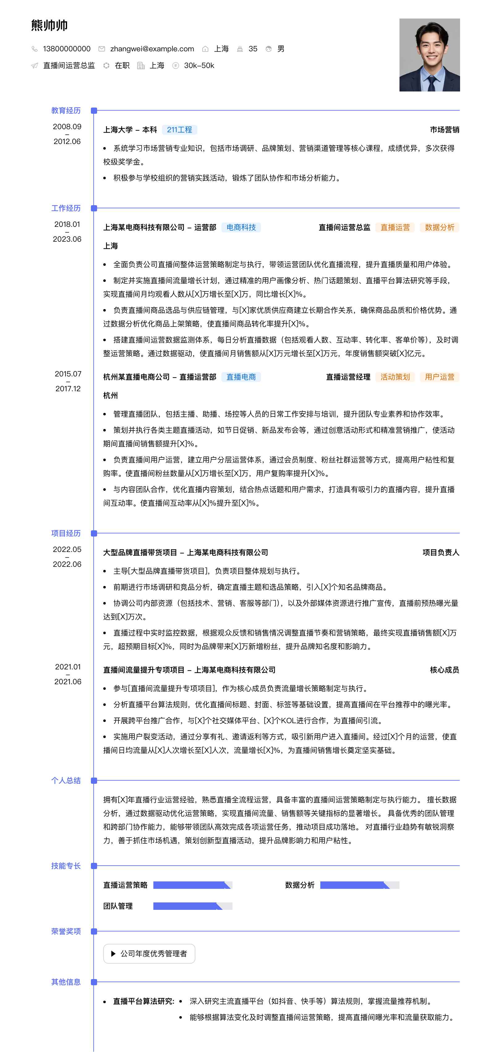 直播间运营总监简历模板