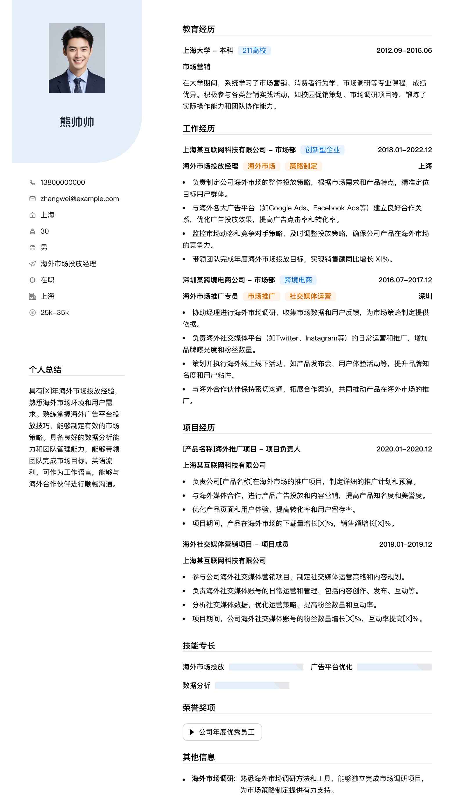 海外市场投放经理简历模板