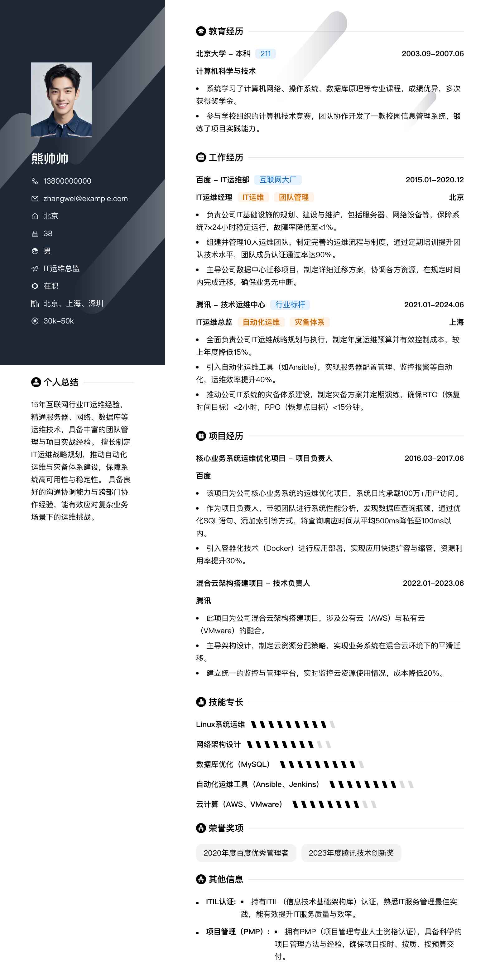 it运维总监简历模板