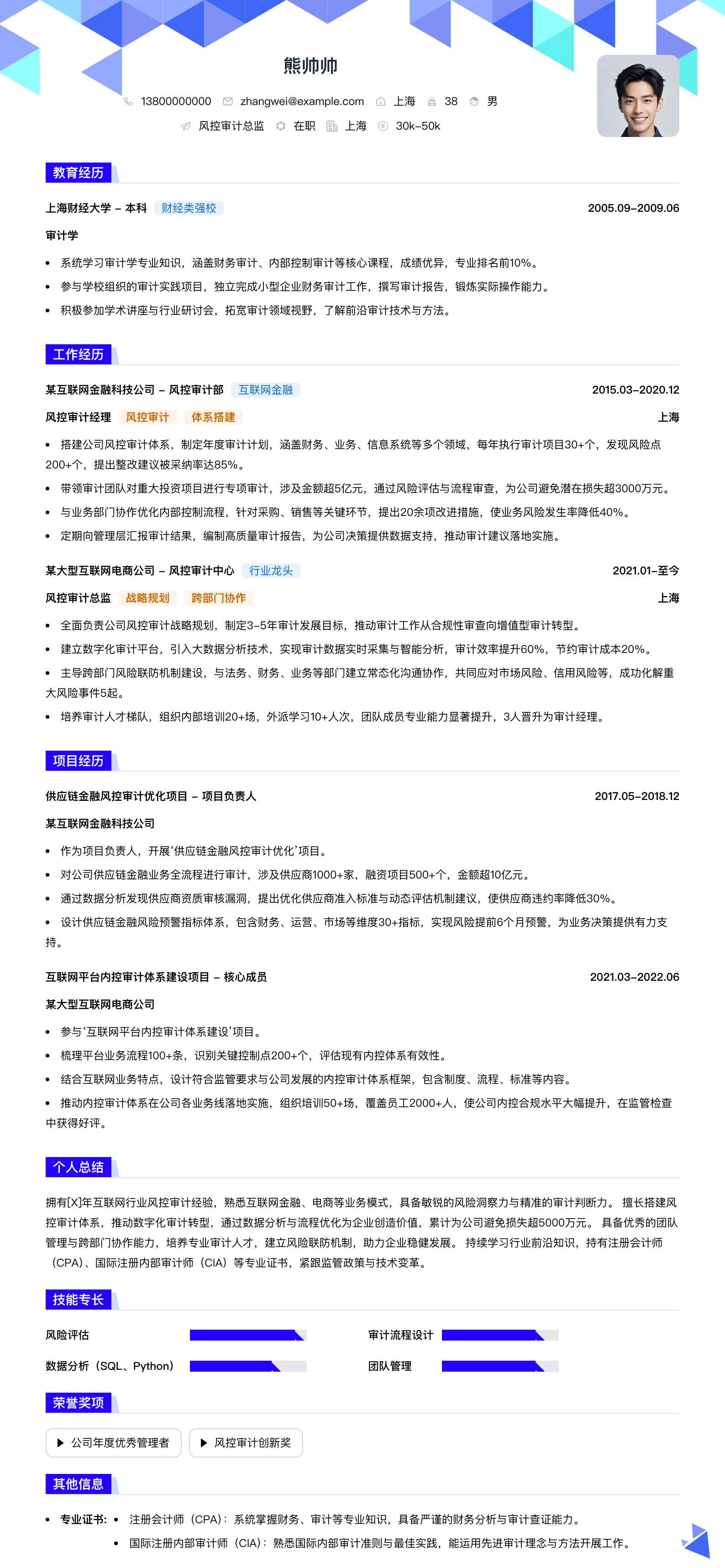 风控审计总监简历模板