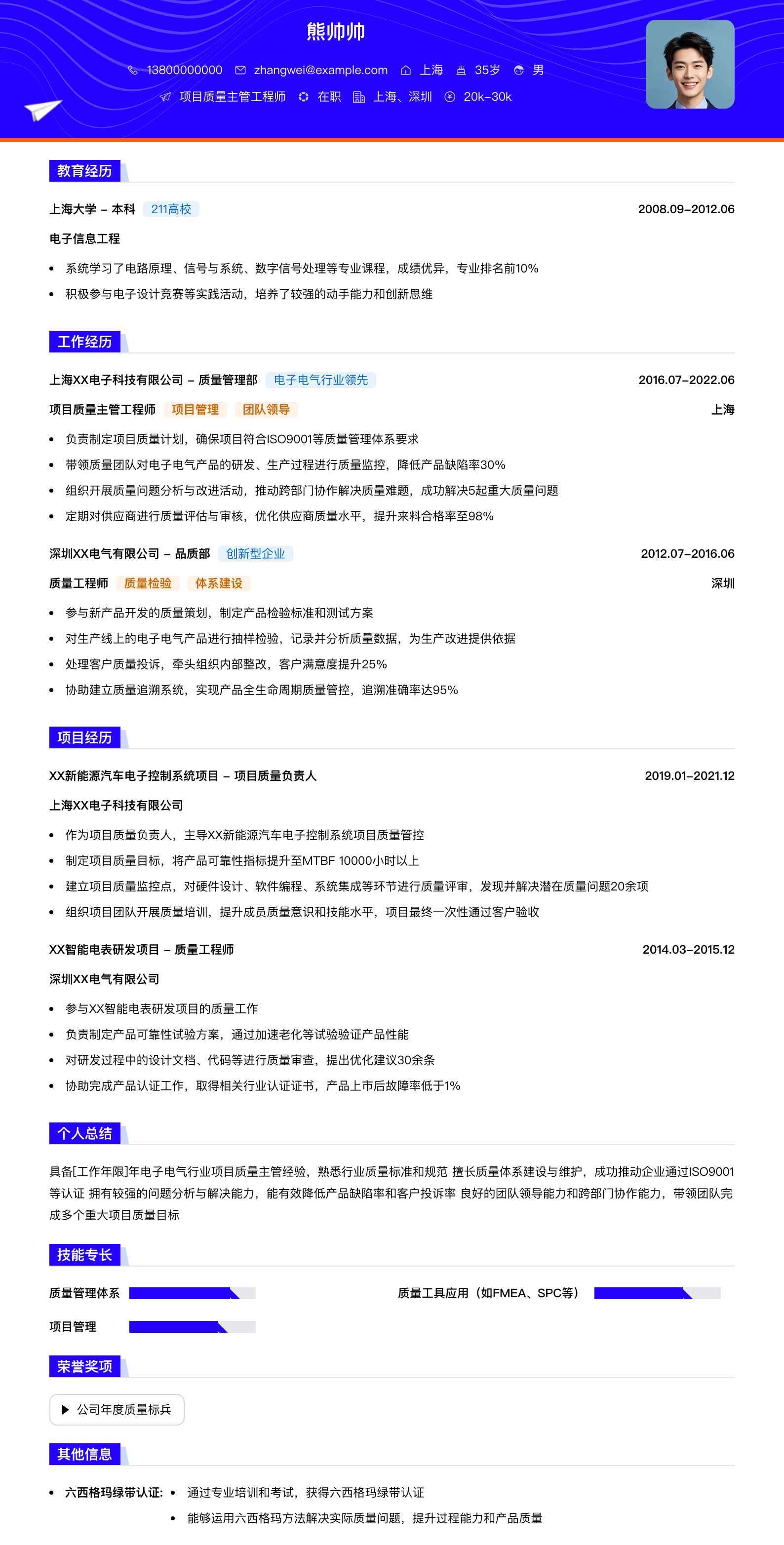 项目质量主管工程师简历模板