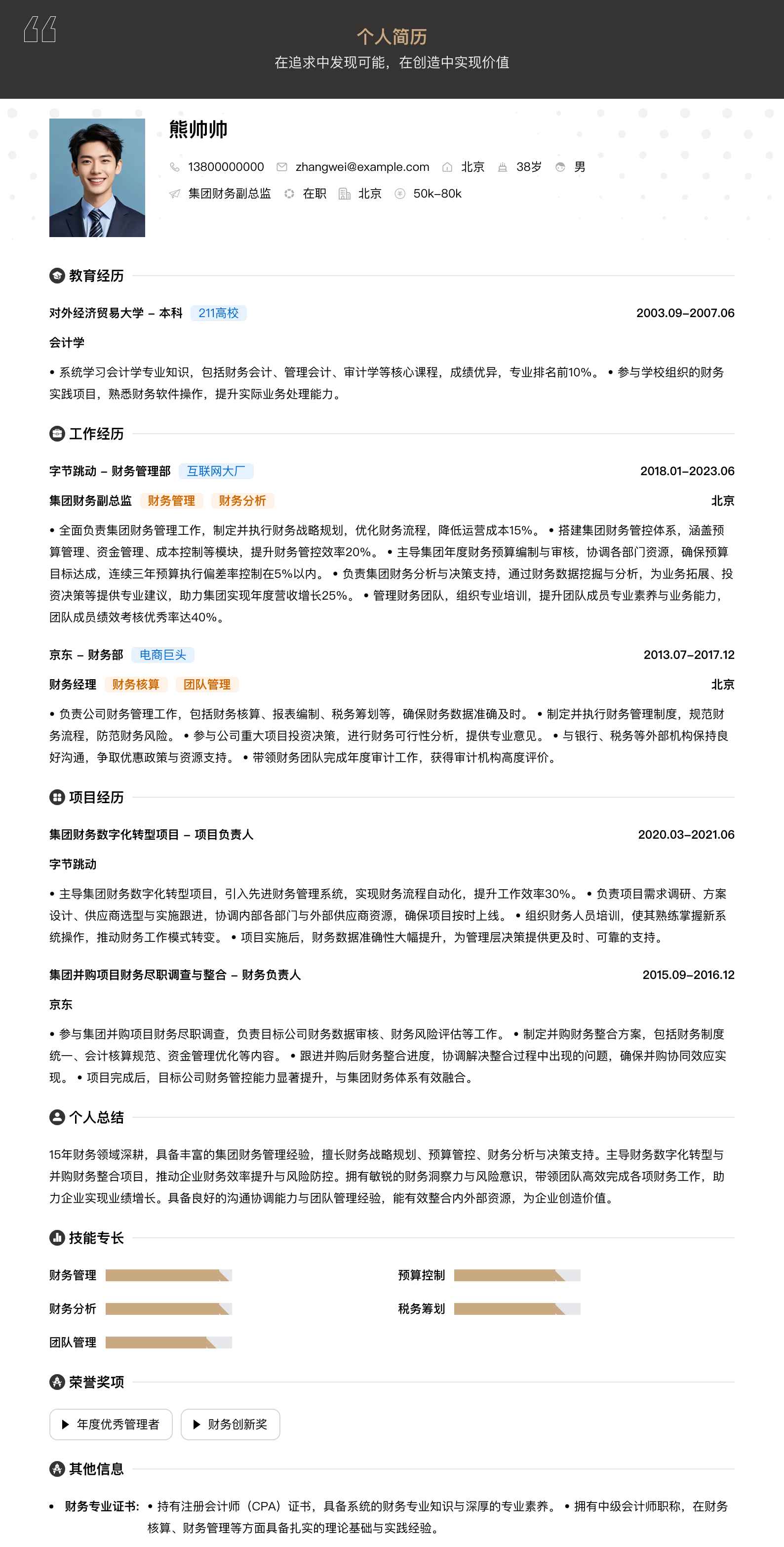 集团财务副总监简历模板