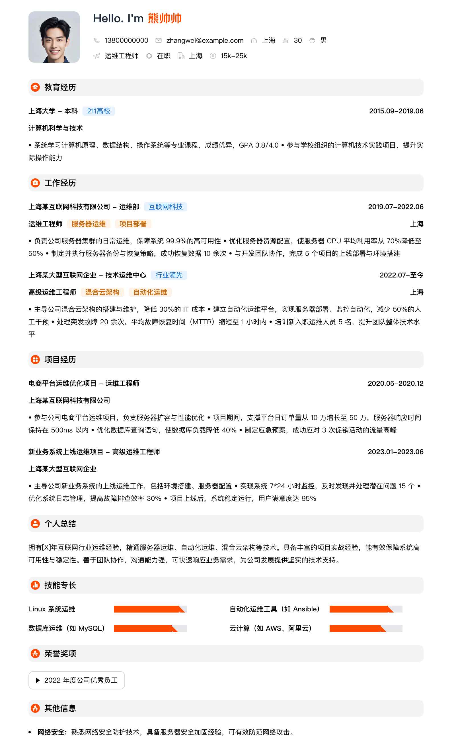 运维工程师简历模板