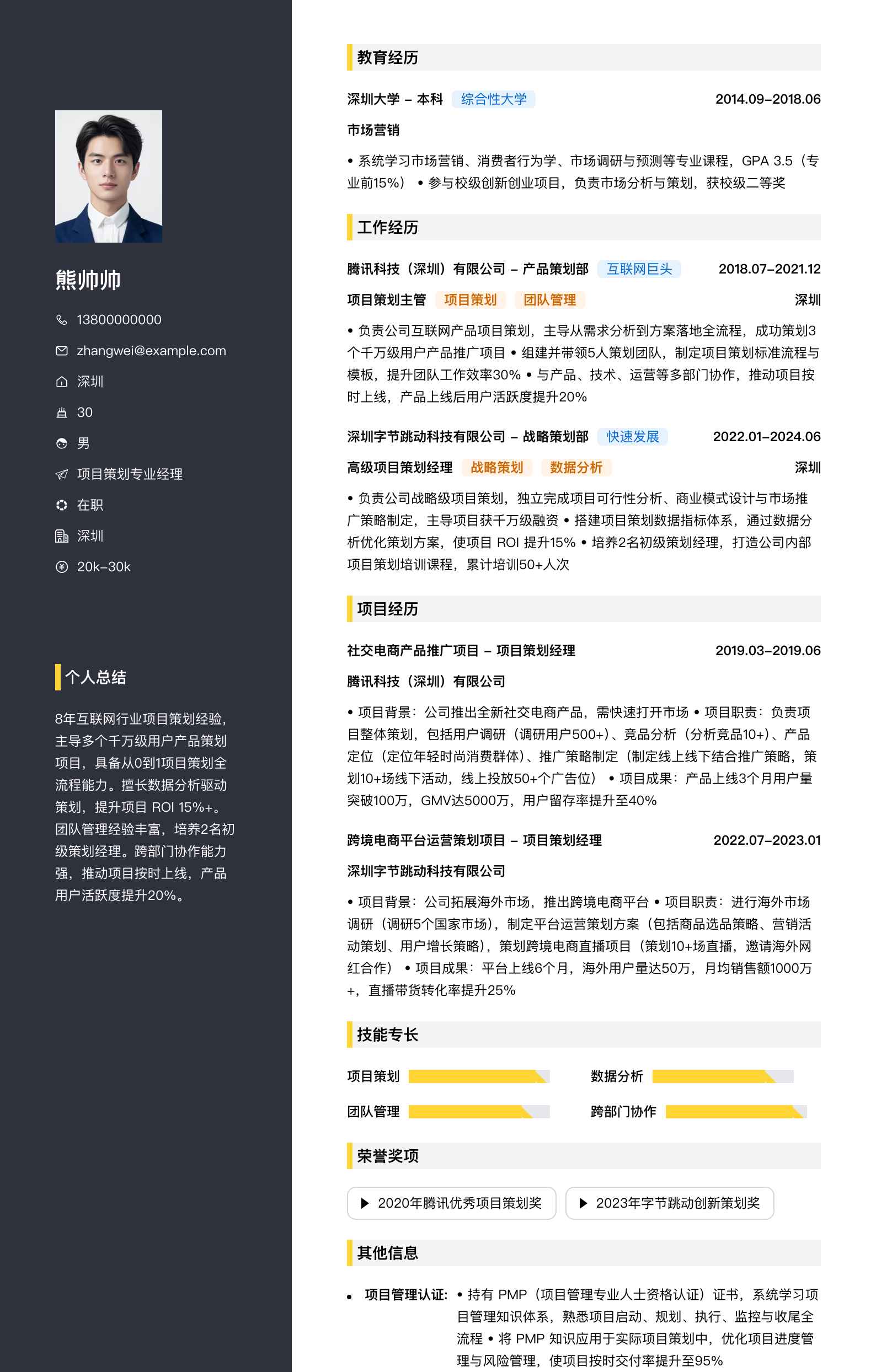 项目策划专业经理简历模板