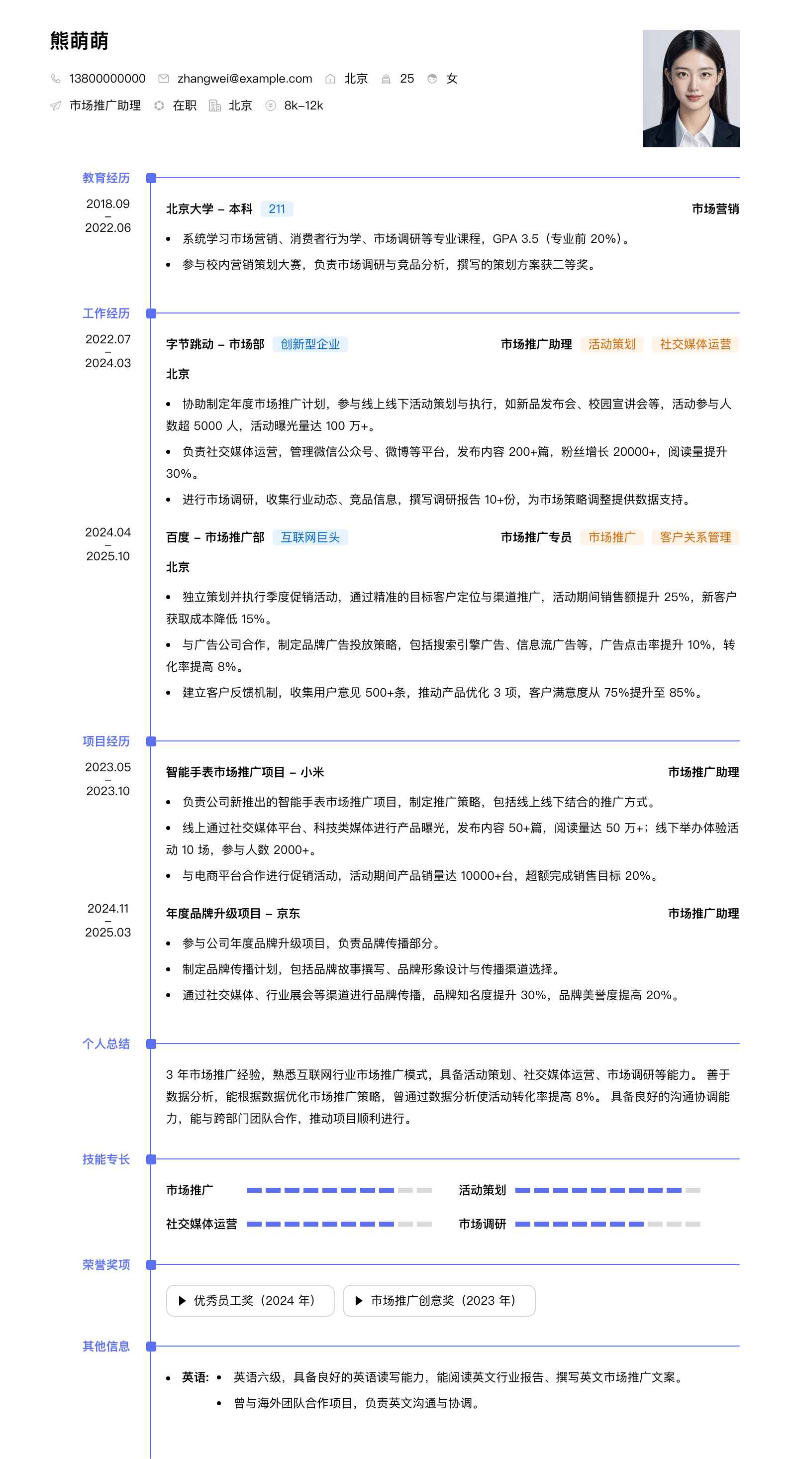 市场推广助理简历模板