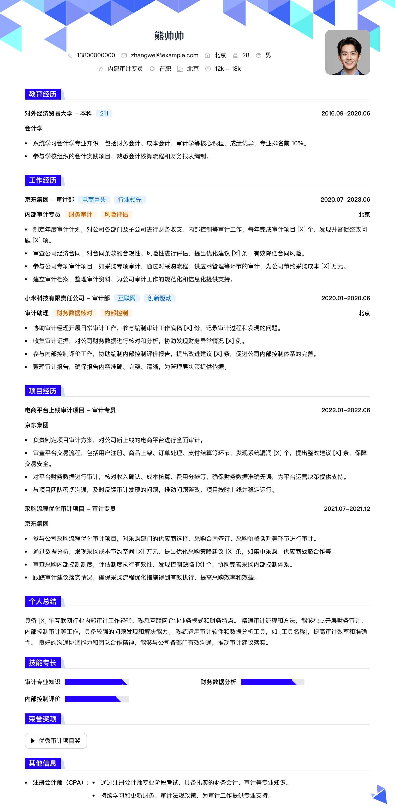 内部审计专员简历模板