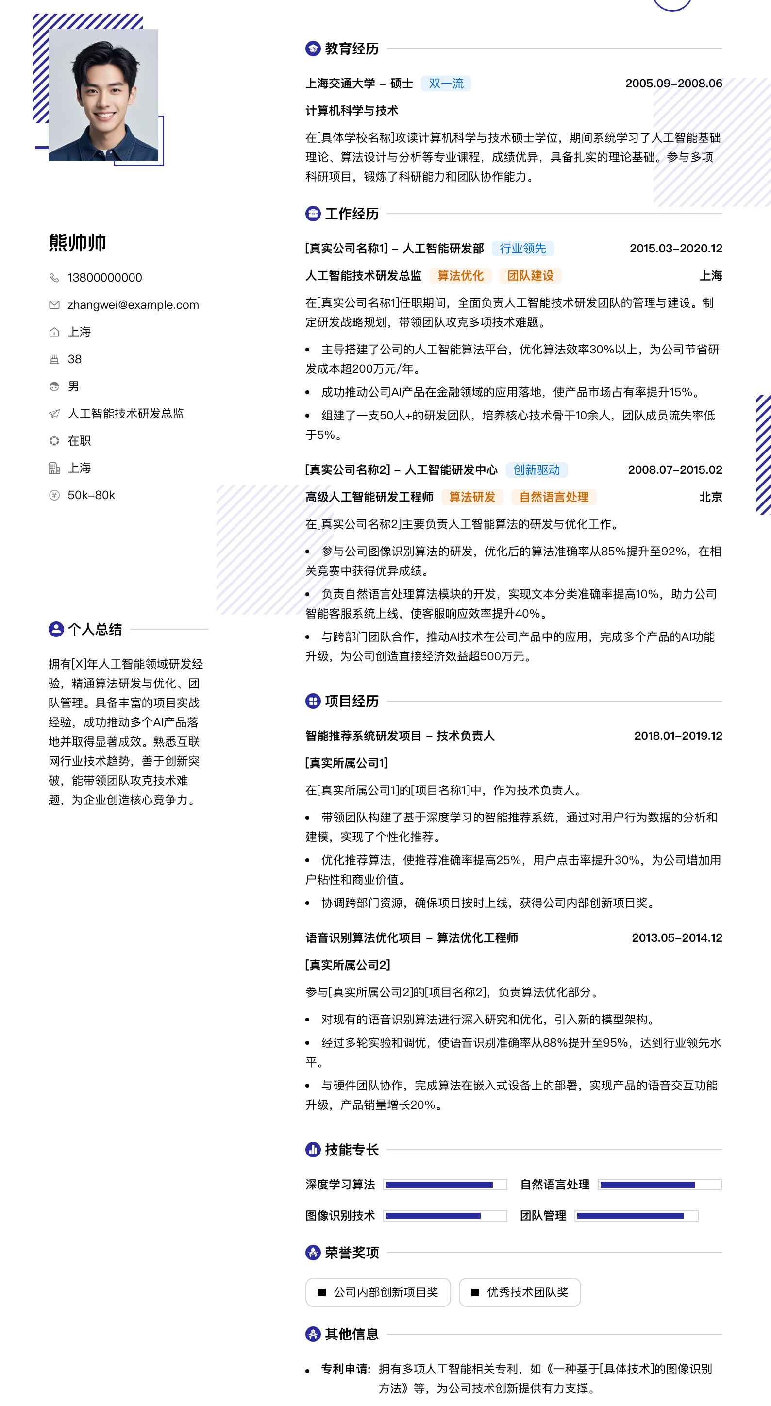 人工智能技术研发总监简历模板