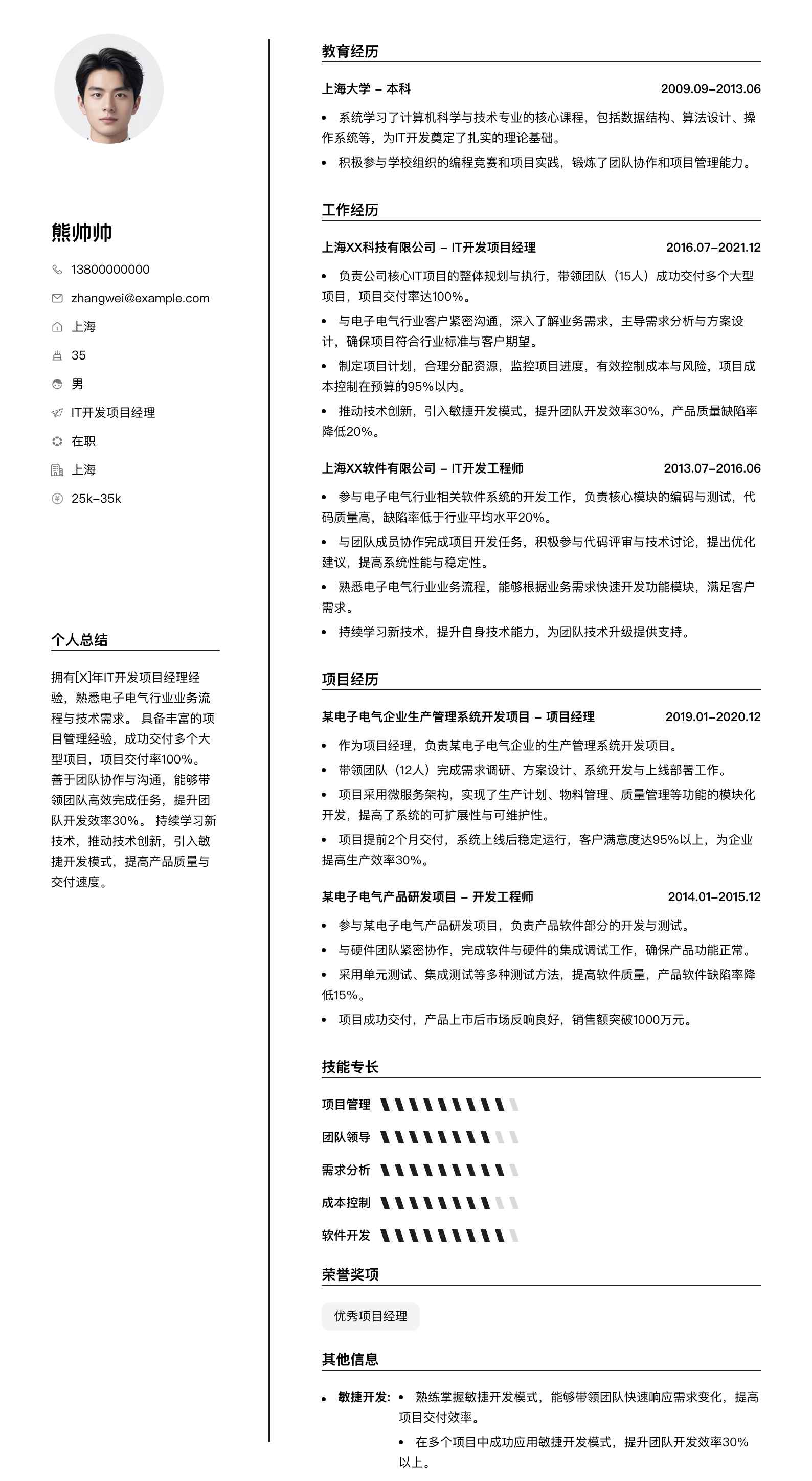 it开发项目经理简历模板