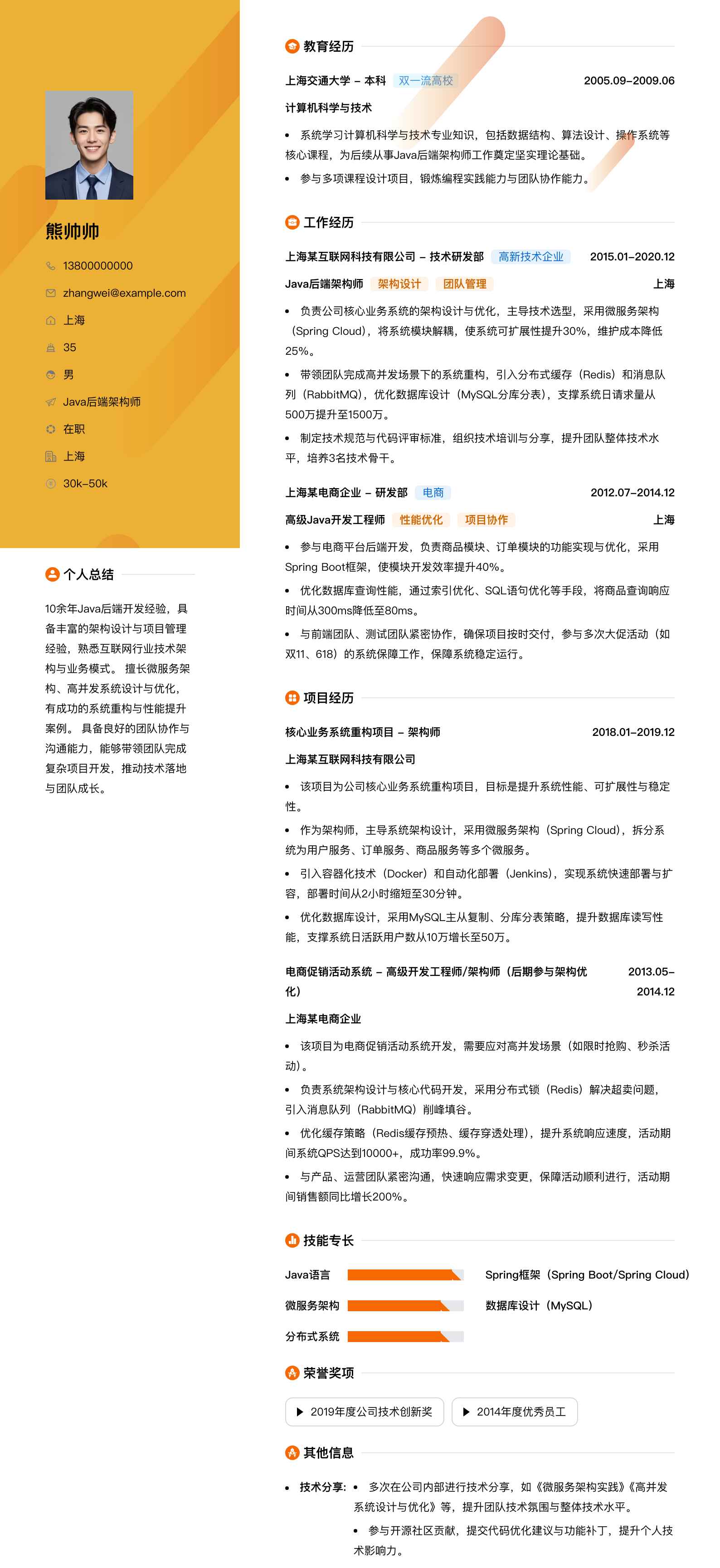 java后端架构师简历模板
