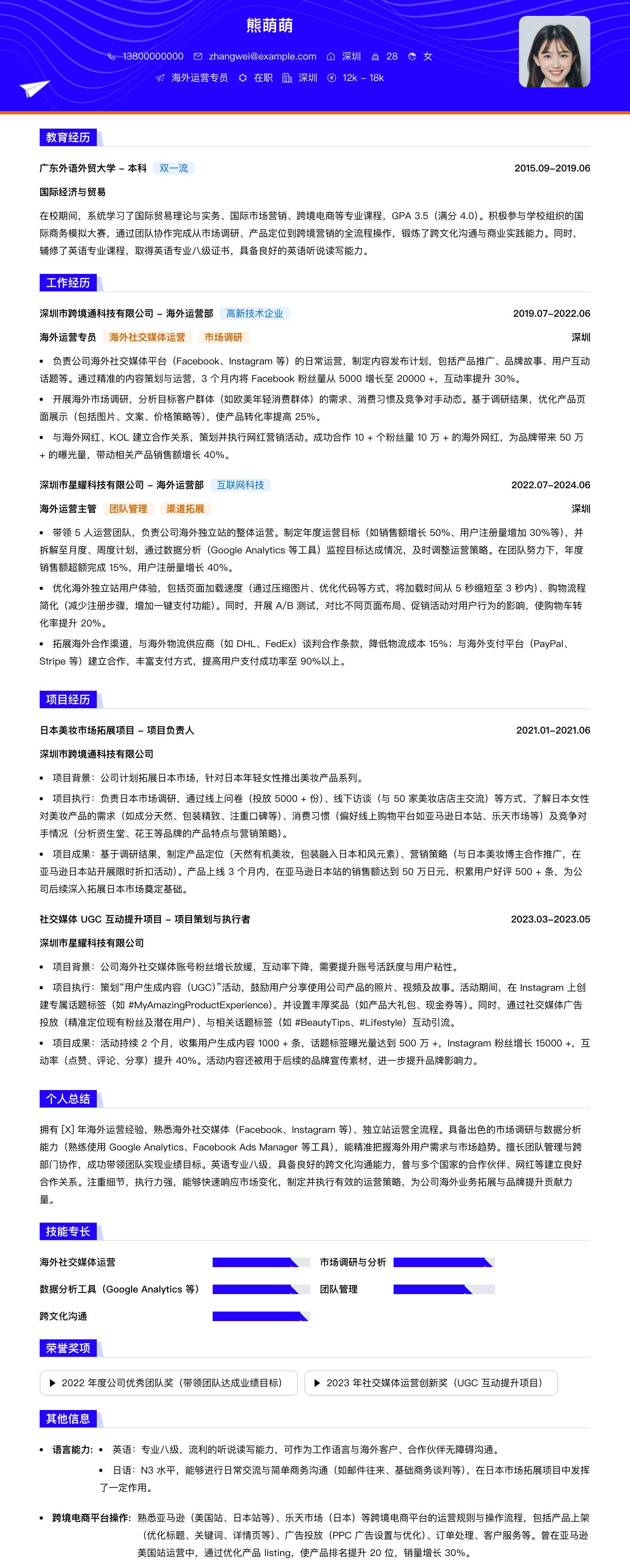 海外运营专员简历模板