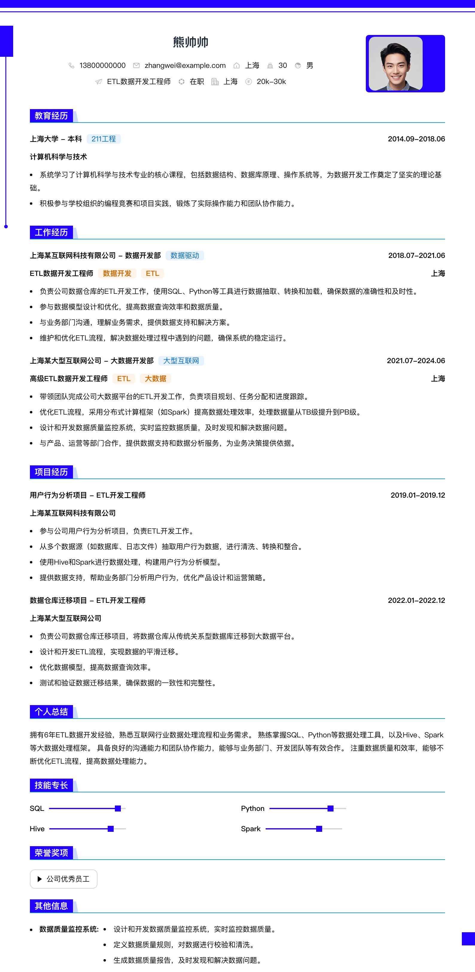 etl数据开发工程师简历模板