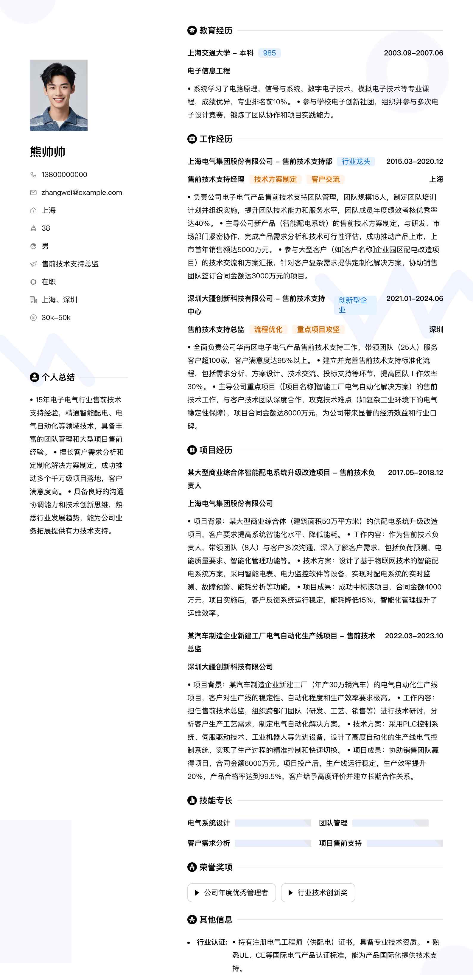 售前技术支持总监简历模板