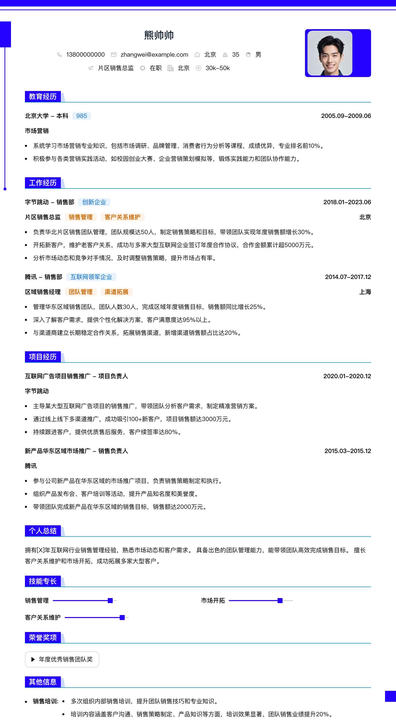 片区销售总监简历模板