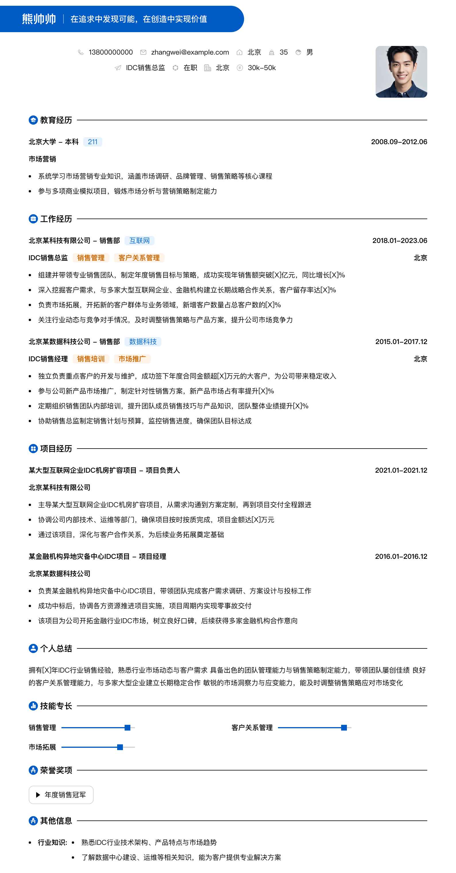 idc销售总监简历模板