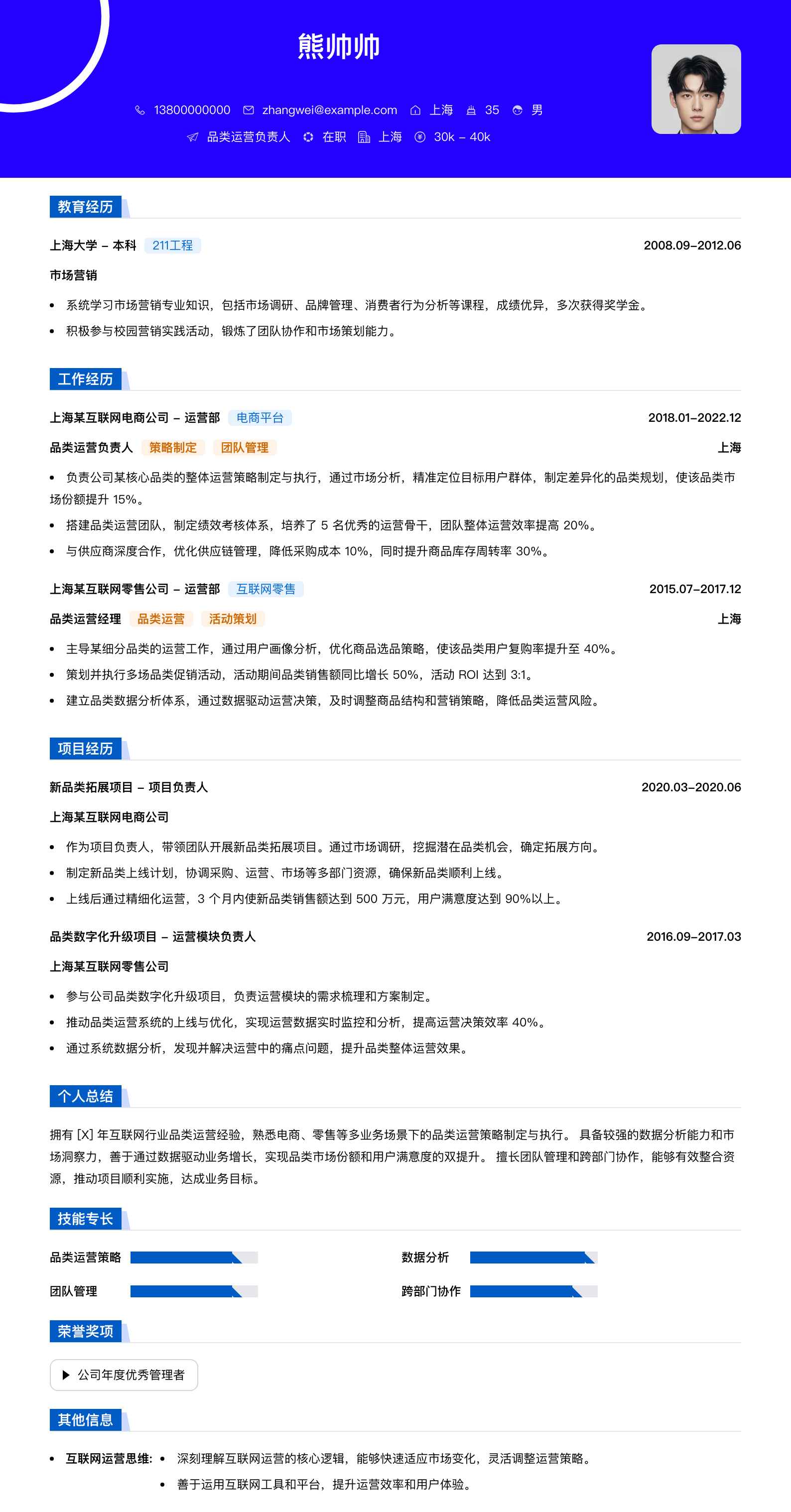 品类运营负责人简历模板