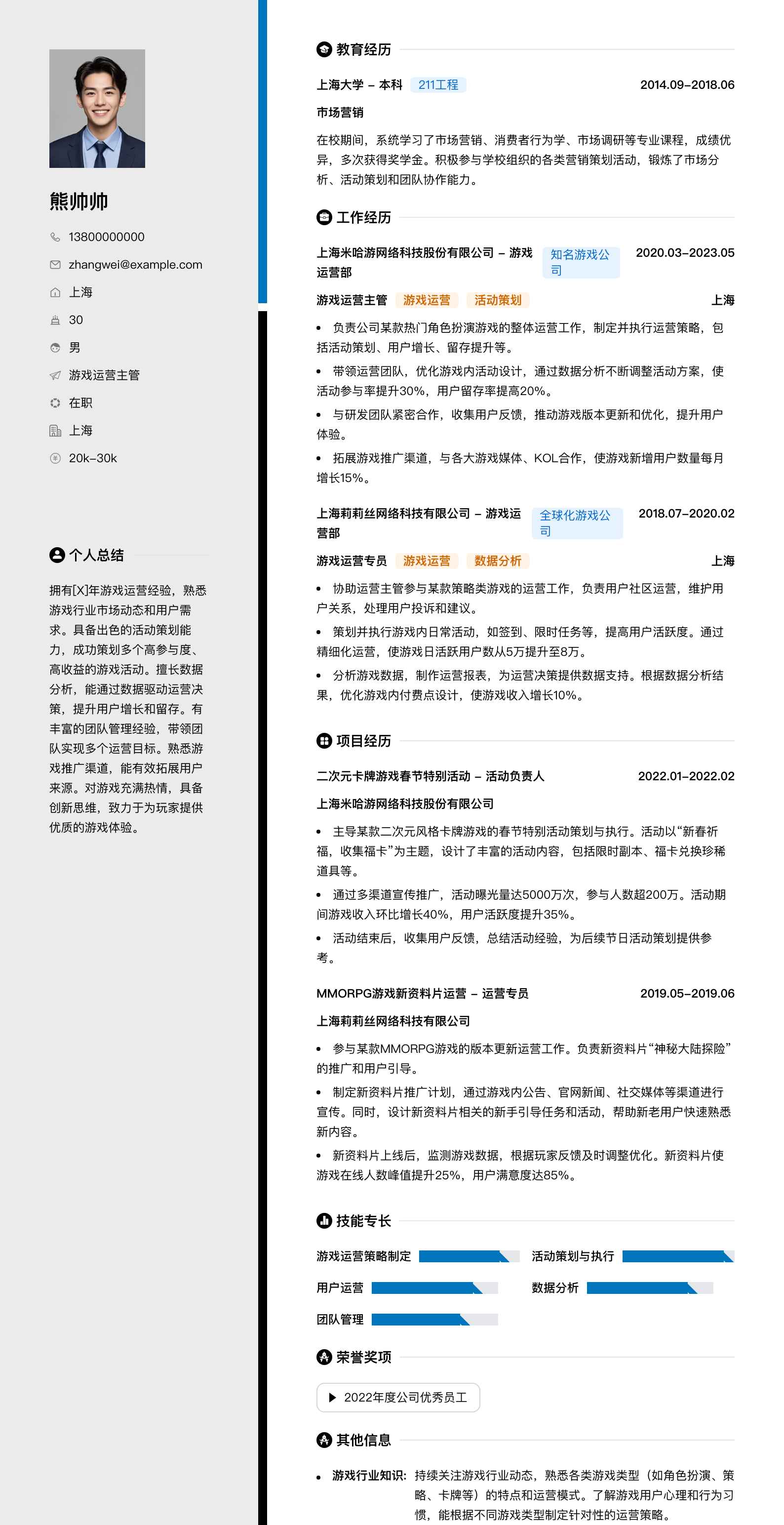 游戏运营主管简历模板