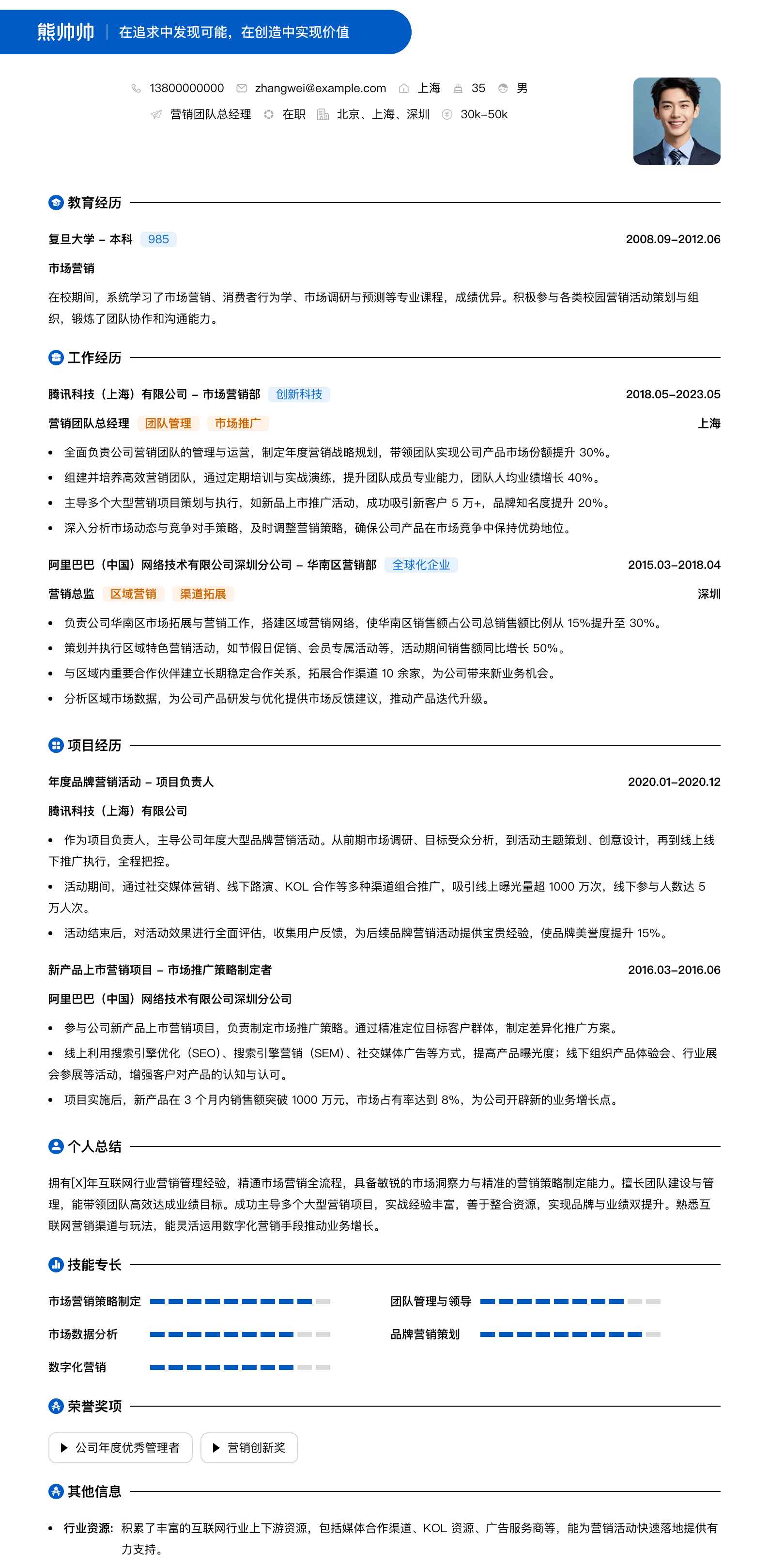 营销团队总经理简历模板