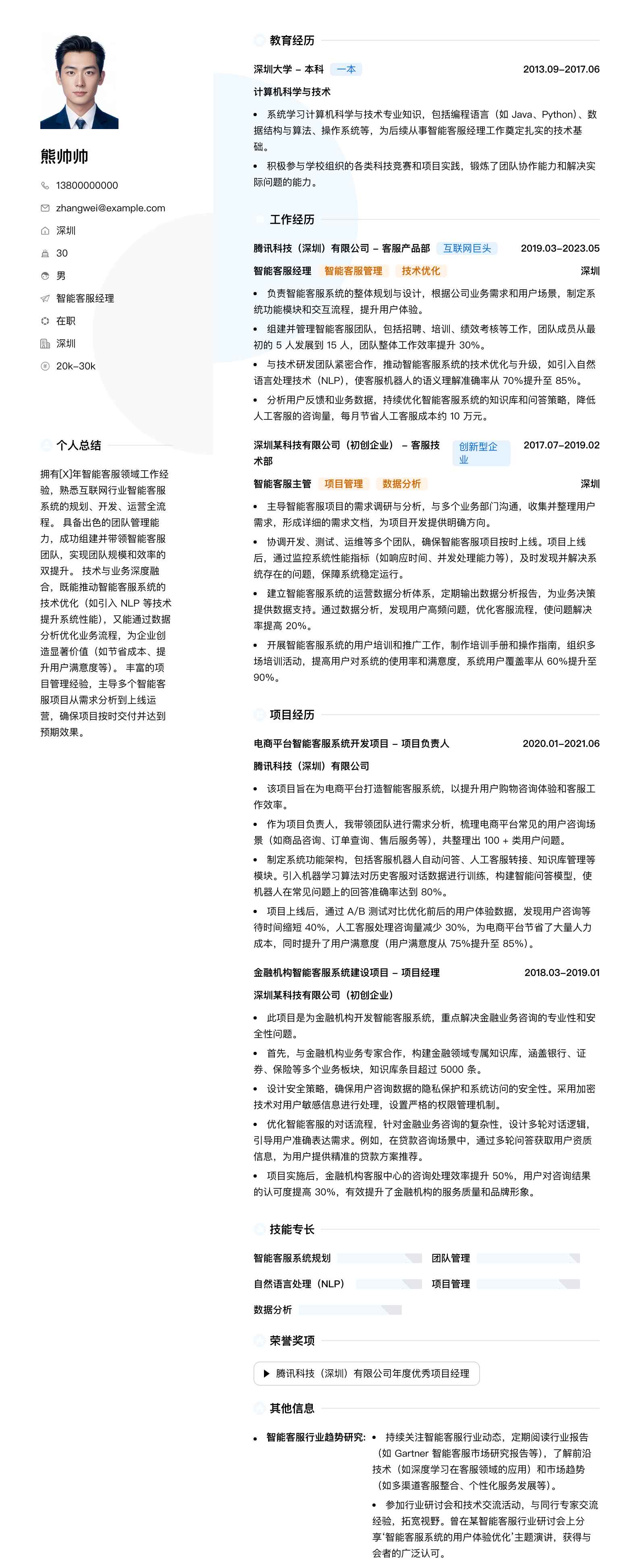 智能客服经理简历模板