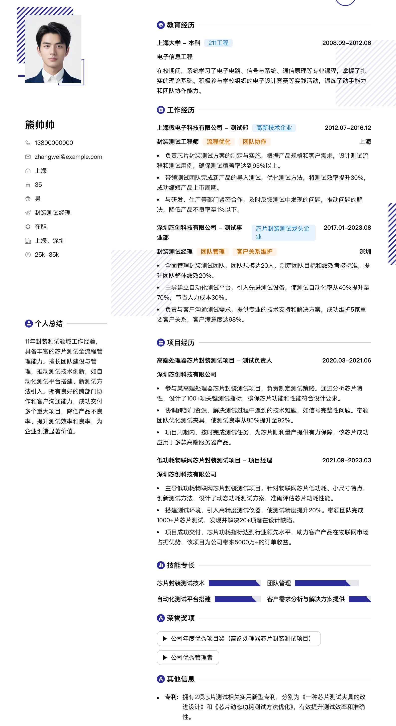 封装测试经理简历模板
