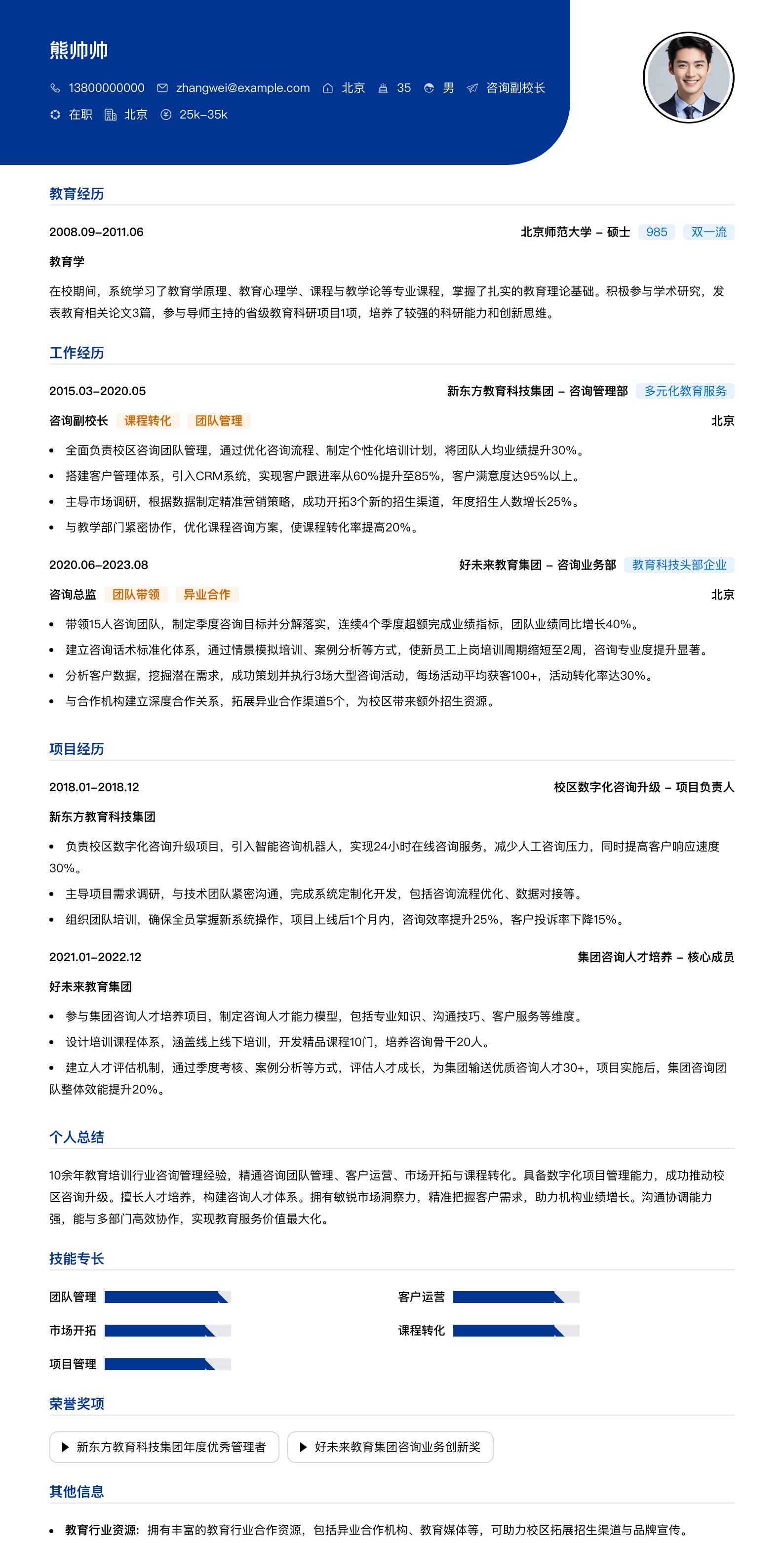 咨询副校长简历模板