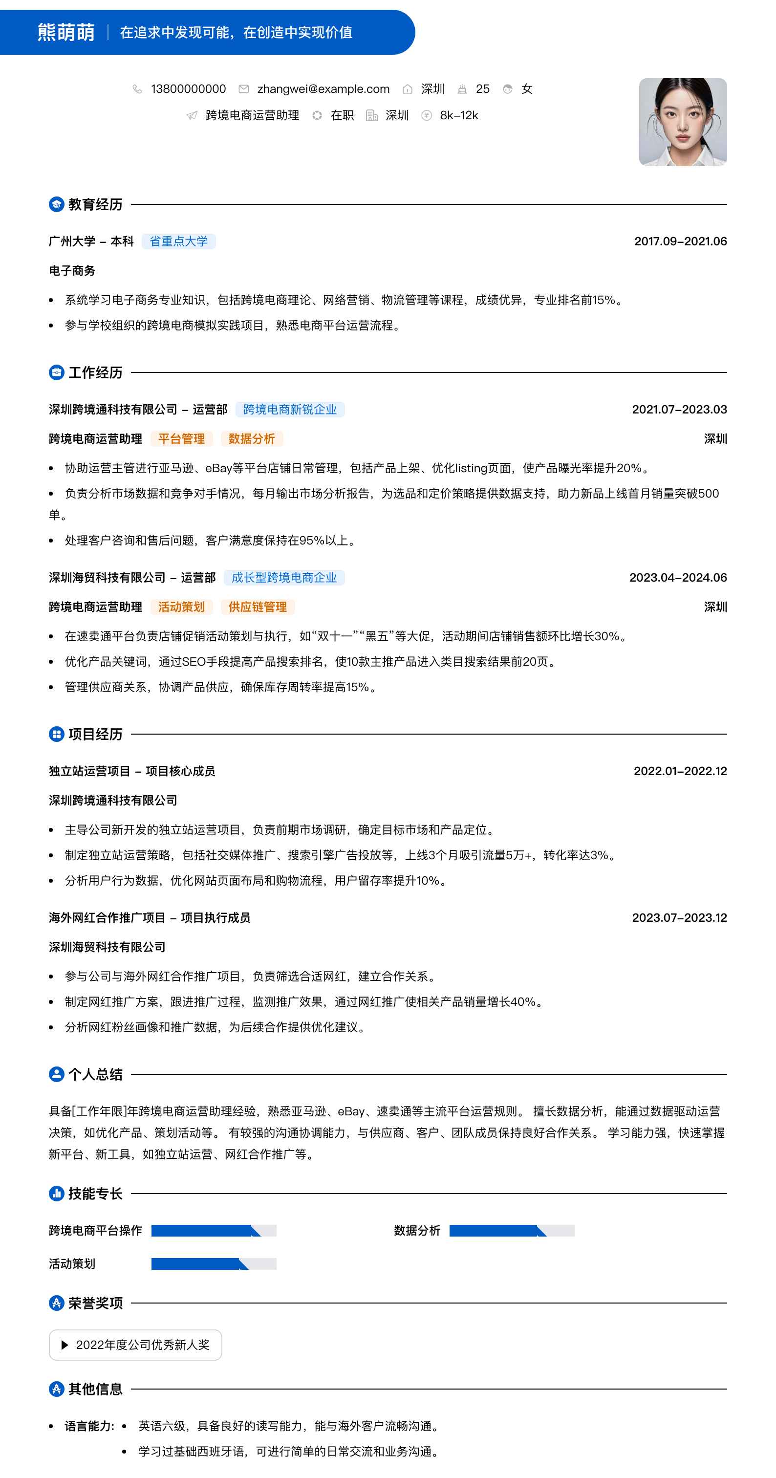 跨境电商运营助理简历模板