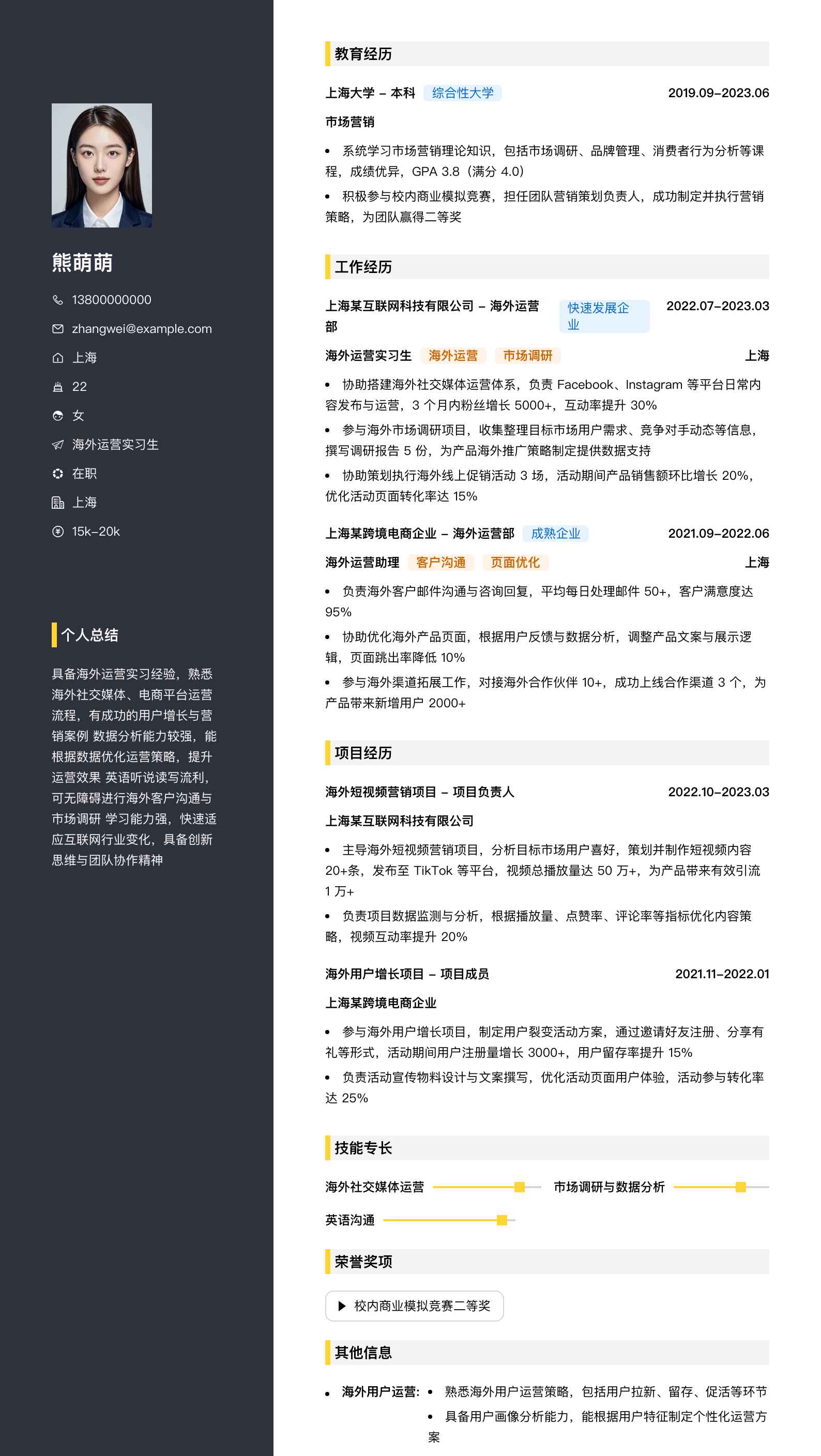 海外运营实习生简历模板