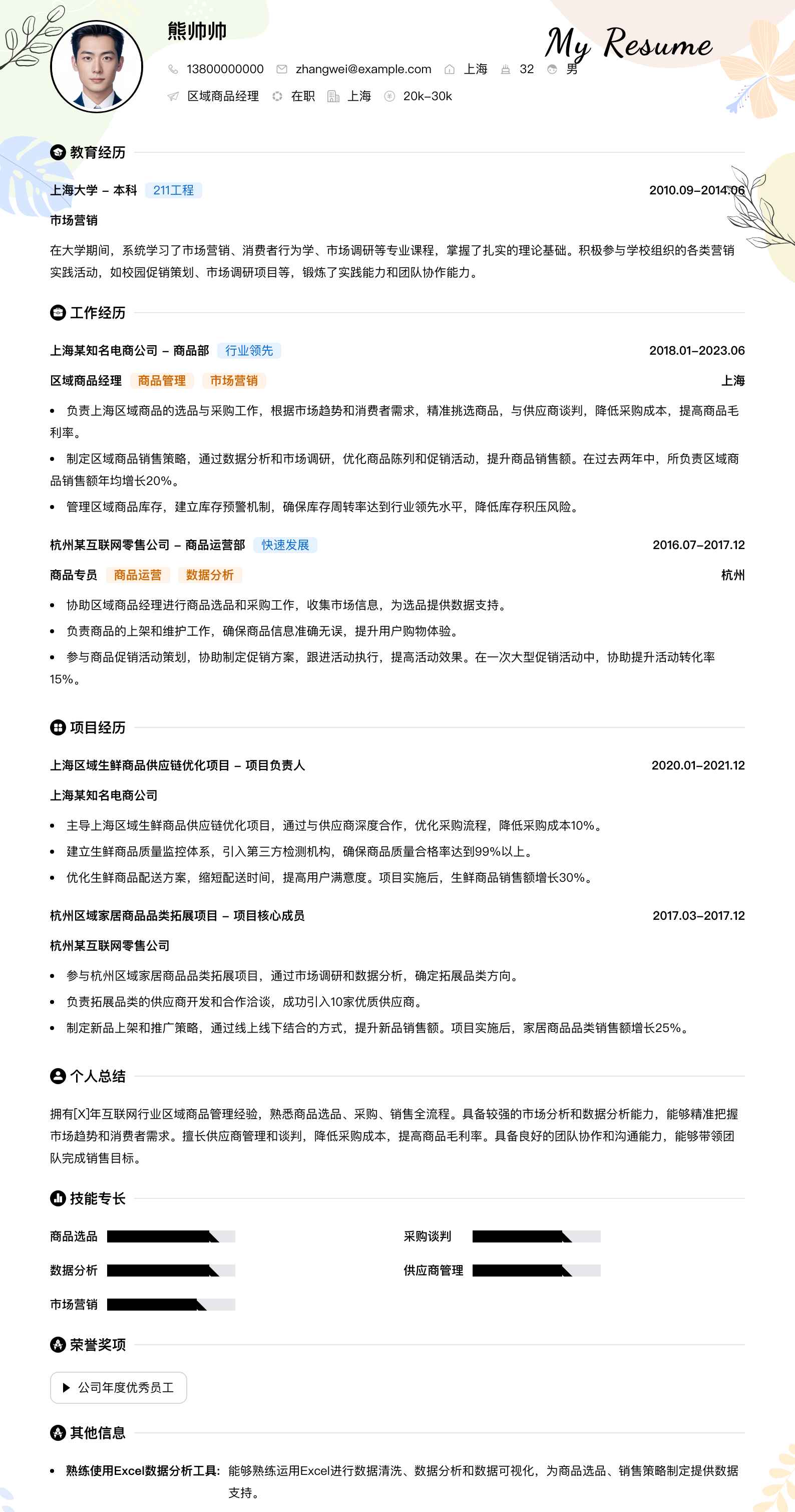 区域商品经理简历模板