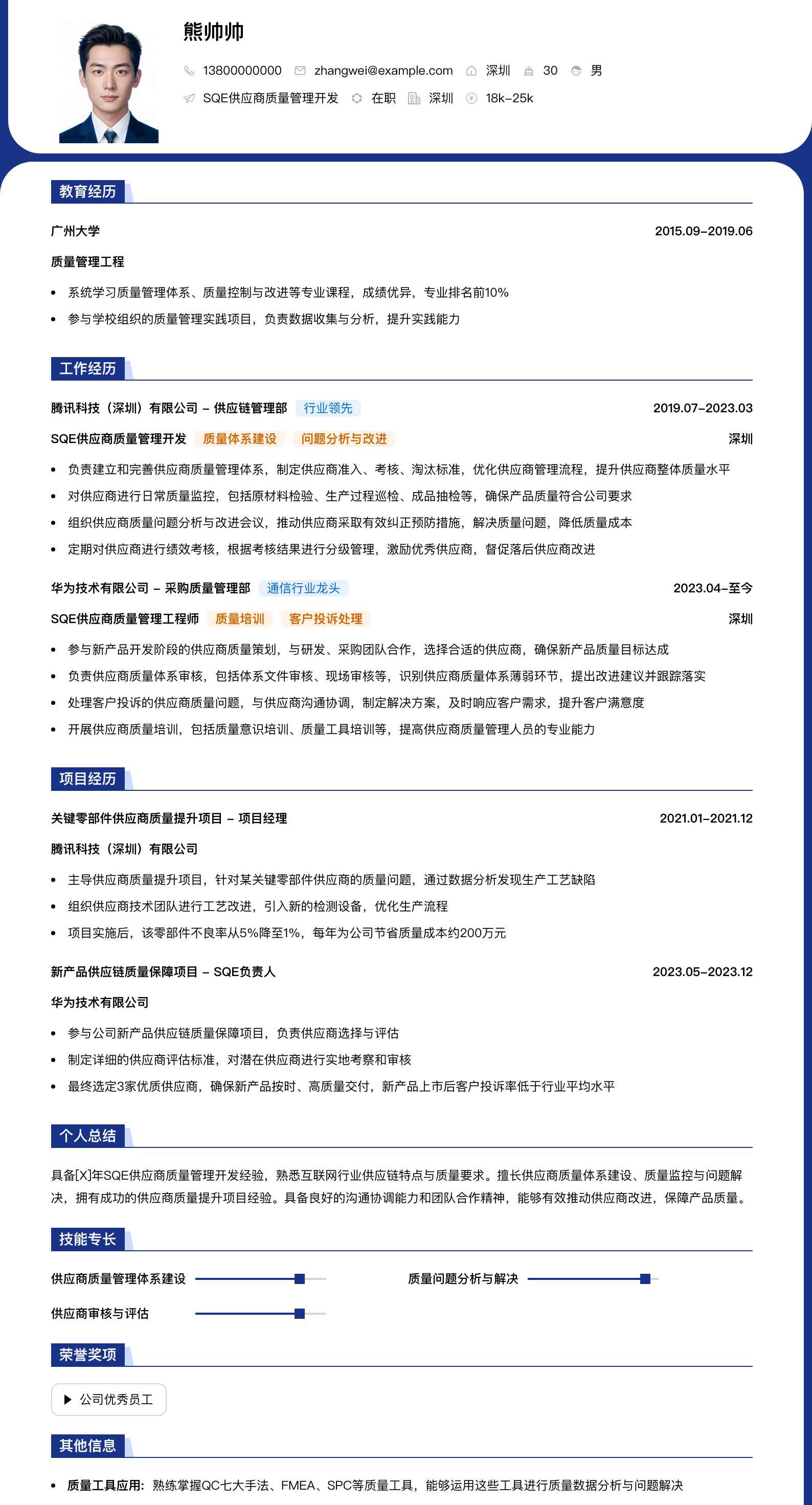sqe供应商质量管理简历模板