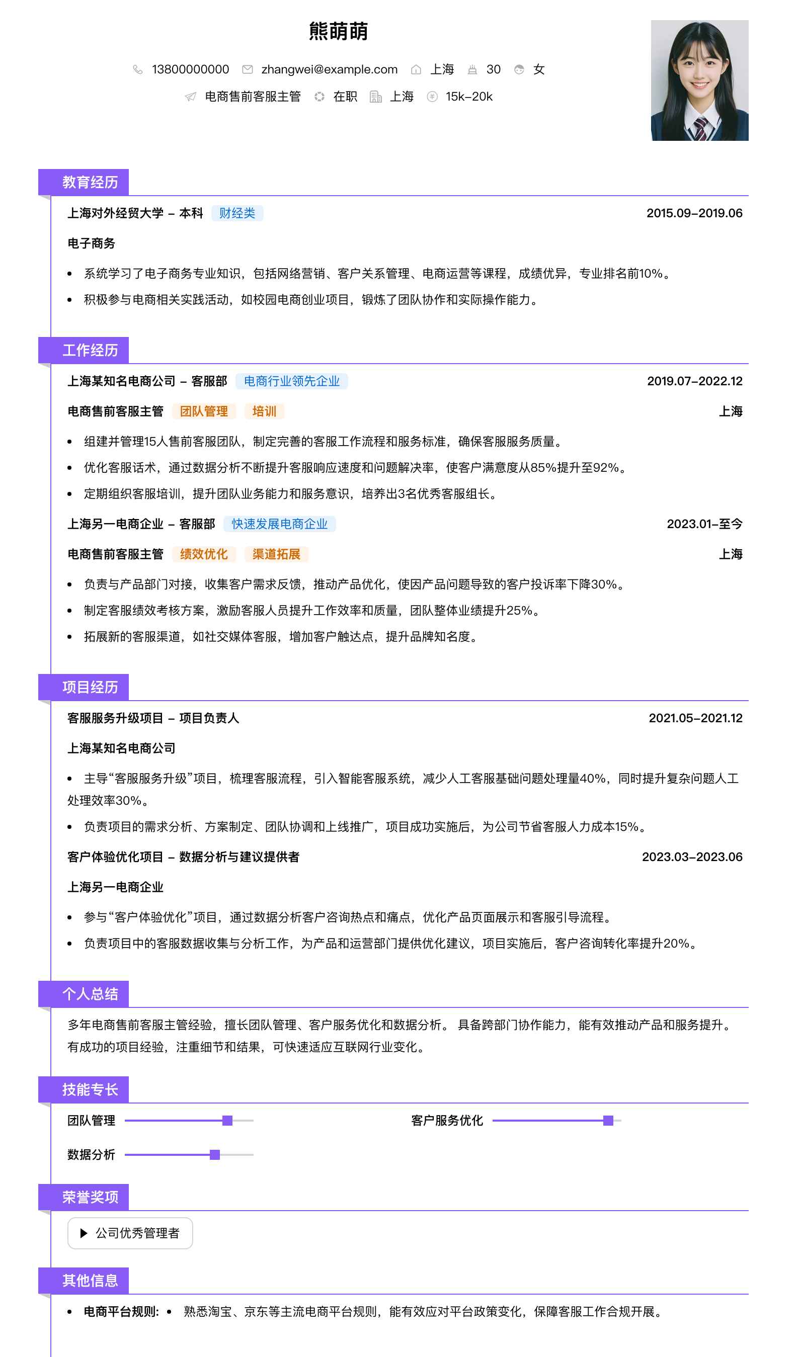 电商售前客服主管简历模板